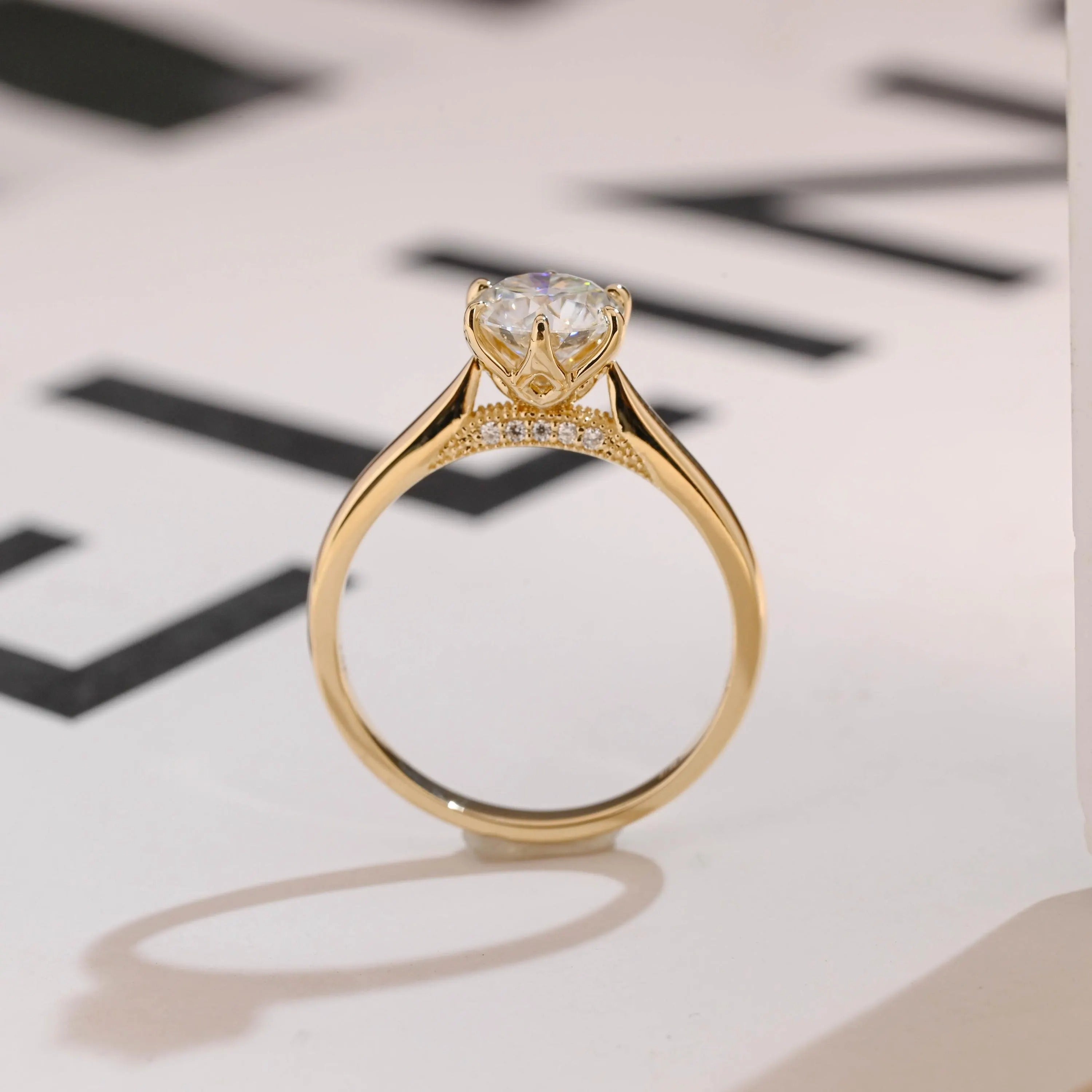 Solid Gold Tulip Flora Round Cut Moissanite Engagement Ring, Cathedral Ring