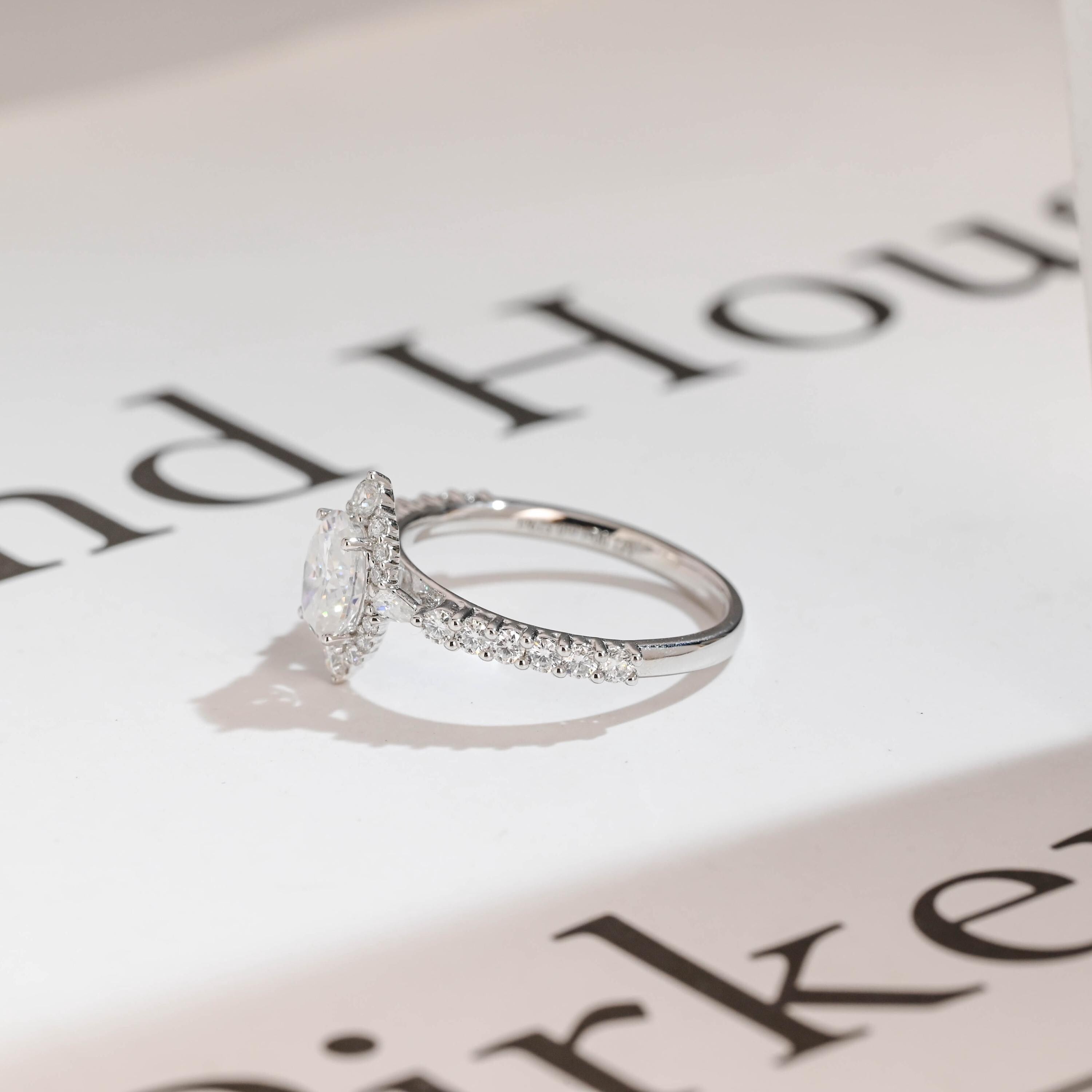 Solid Gold Marquise Cut Moissanite Engagement Ring, Halo & Half Pave Ring