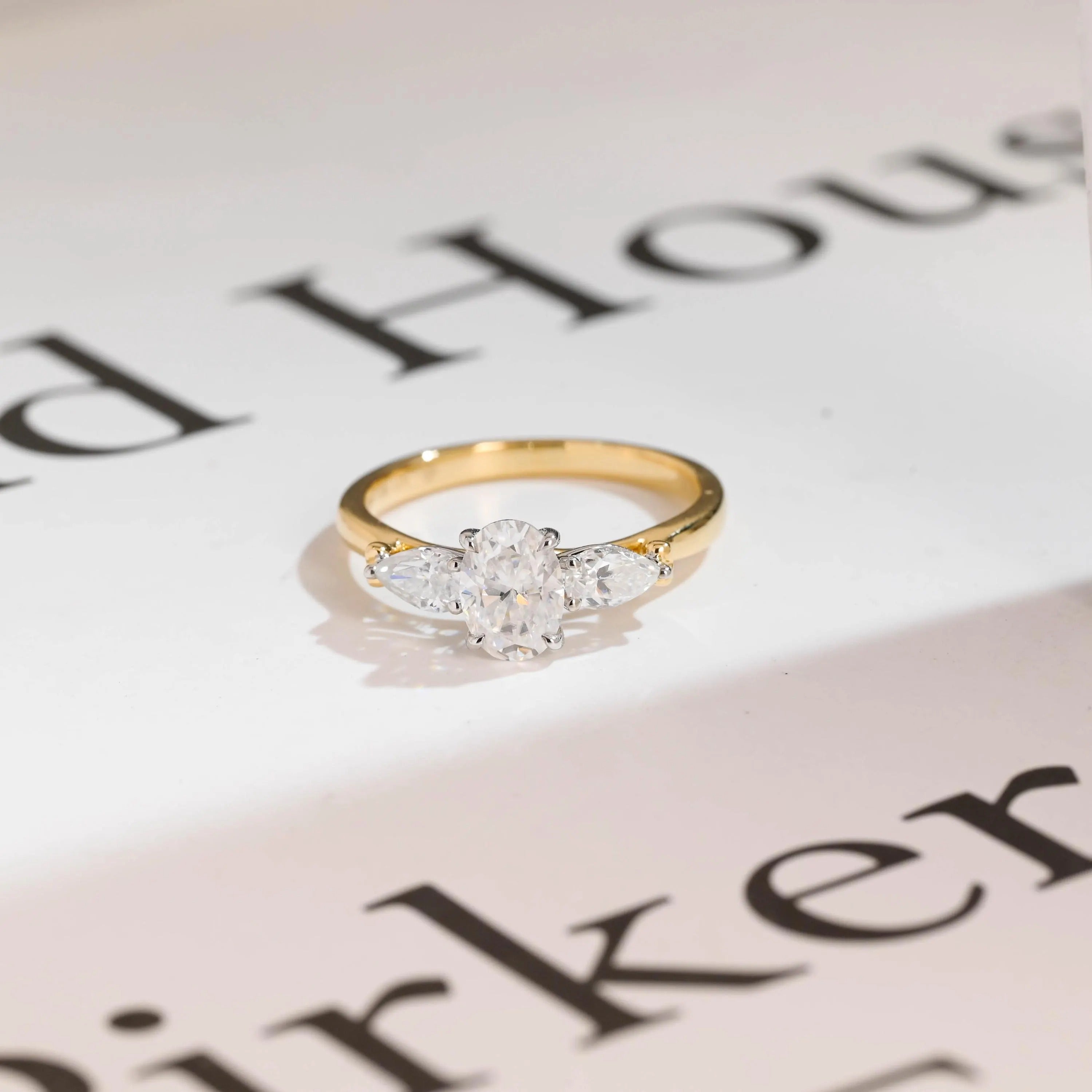 Solid Gold Oval Moissanite Engagement Ring, Three Stone Promise Ring Main image