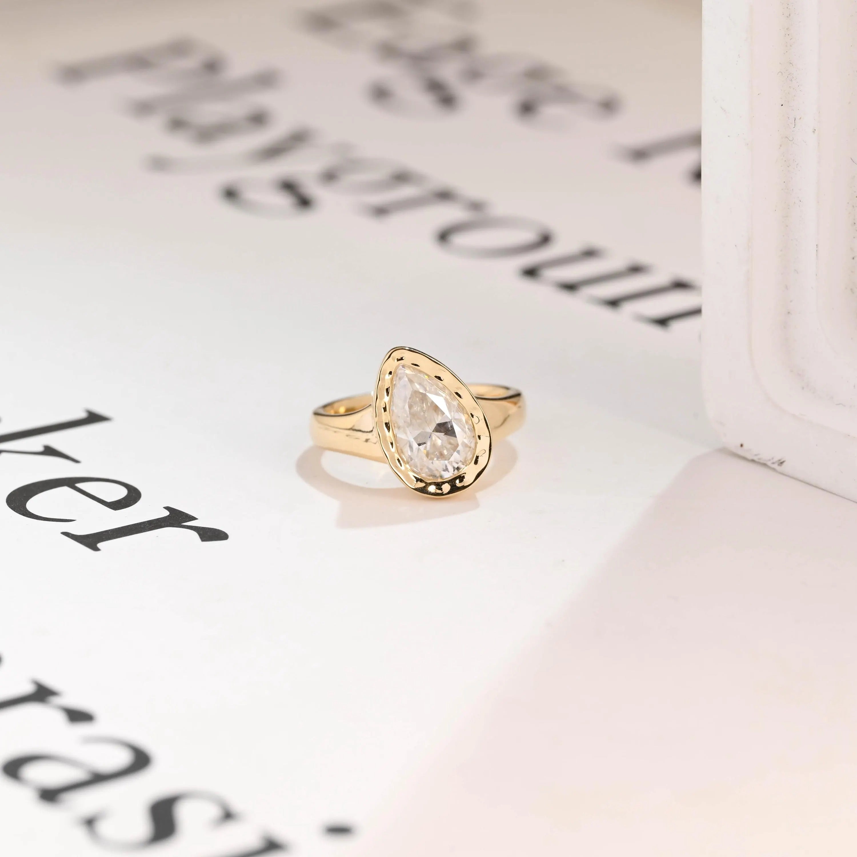 Solid Gold Pear Moissanite Engagement Ring with Bezel, Minimalist Hammer Ring Main image