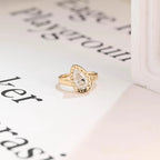 Solid Gold Pear Moissanite Engagement Ring with Bezel, Minimalist Hammer Ring