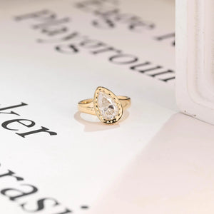 Solid Gold Pear Moissanite Engagement Ring with Bezel, Minimalist Hammer Ring