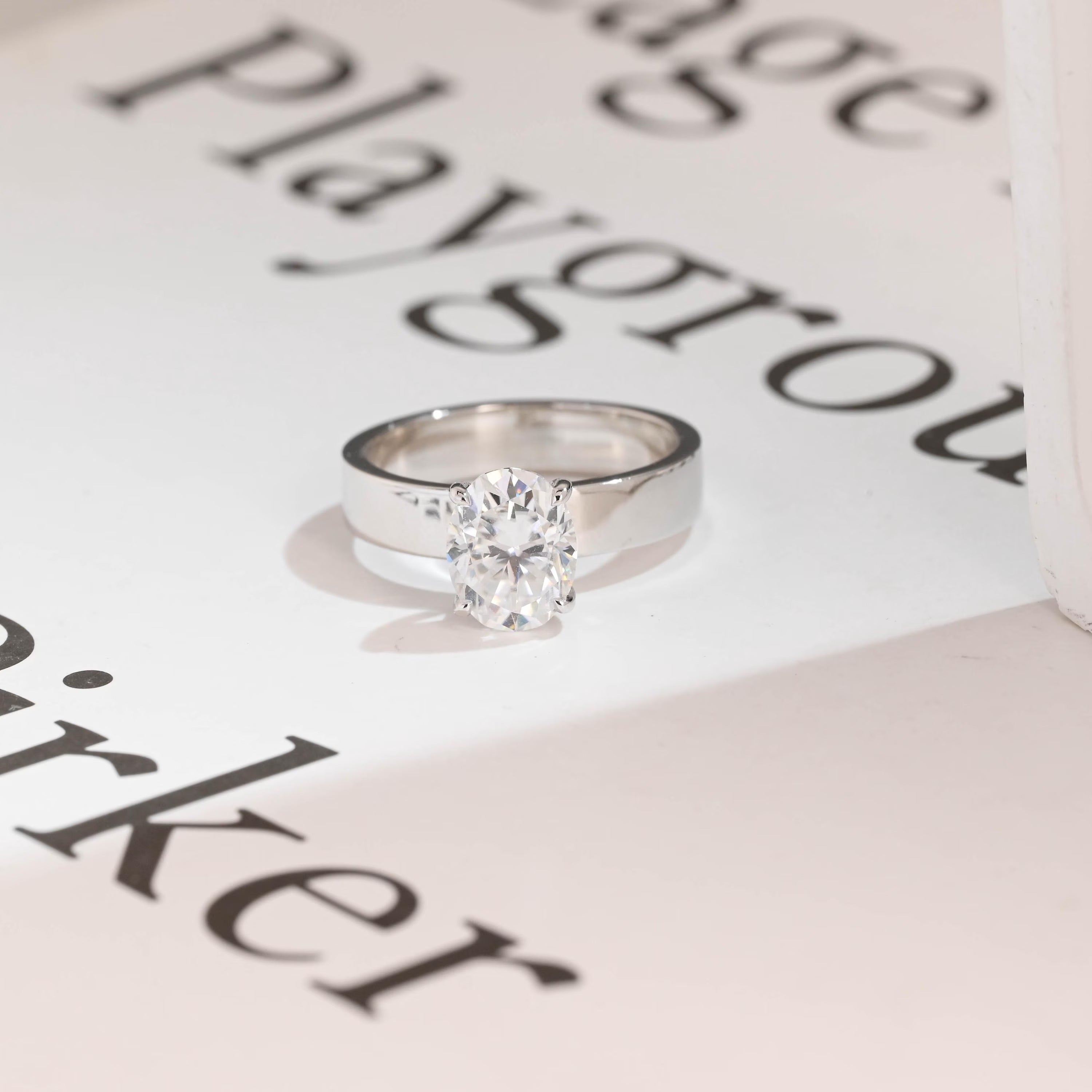 Solid Gold 4mm Band Oval Cut Moissanite Engagement Ring, Promise Ring Main image