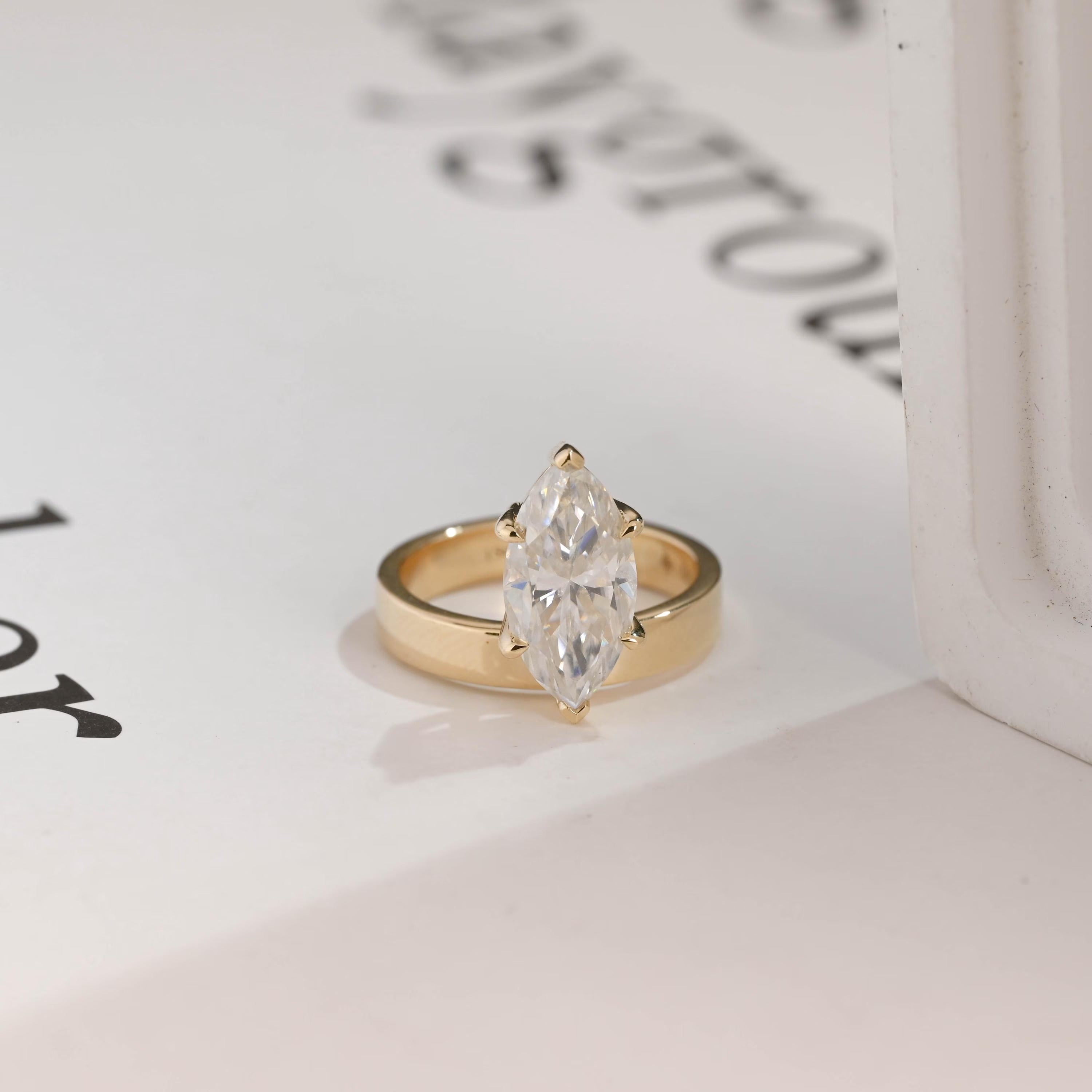Solid Gold 3.5mm Wide Band Marquise Moissanite Engagement Ring Main image