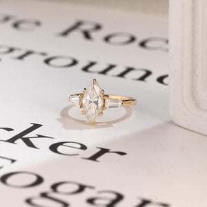 Solid Gold Three Stone Ring, Marquise Moissanite Engagement Ring