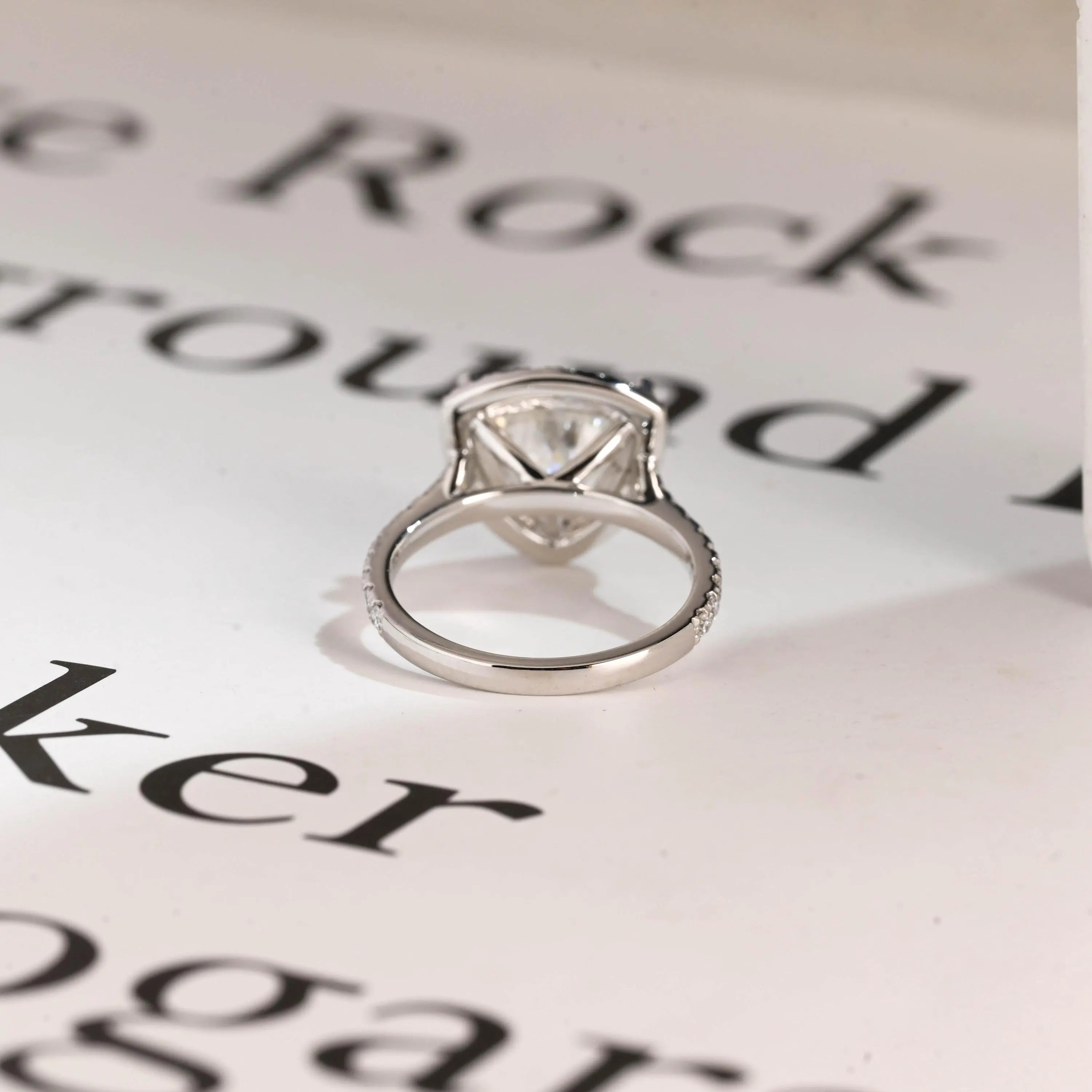 Solid Gold Trillion Cut Moissanite Engagement Ring, Halo Triangle Wedding Ring