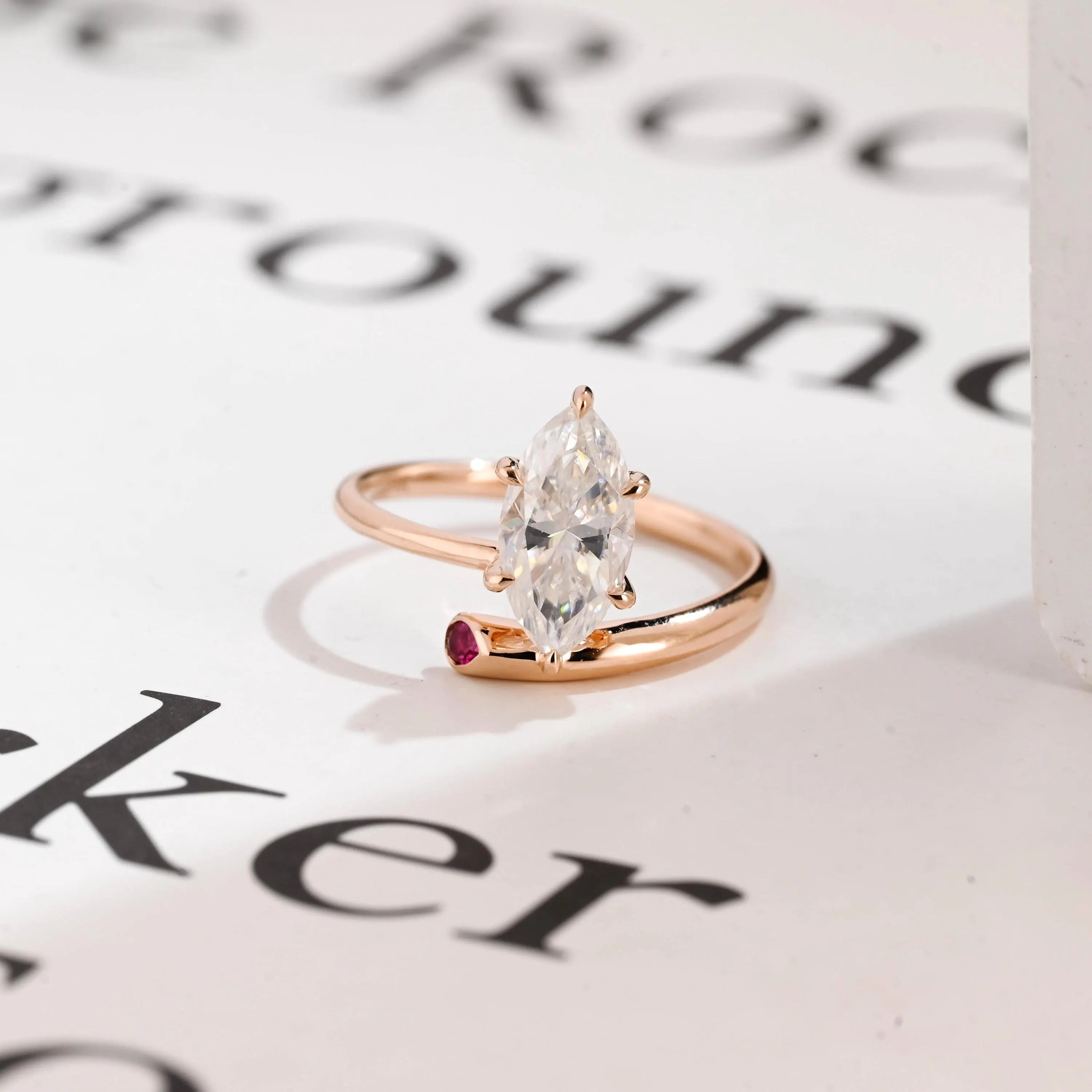 Solid Gold Marquise Cut Moissanite Engagement Ring, Open Shank Ring Main image