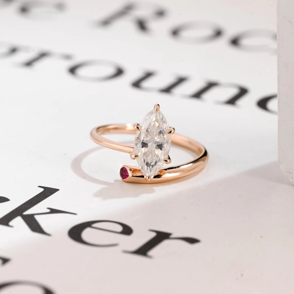 Solid Gold Marquise Cut Moissanite Engagement Ring, Open Shank Ring