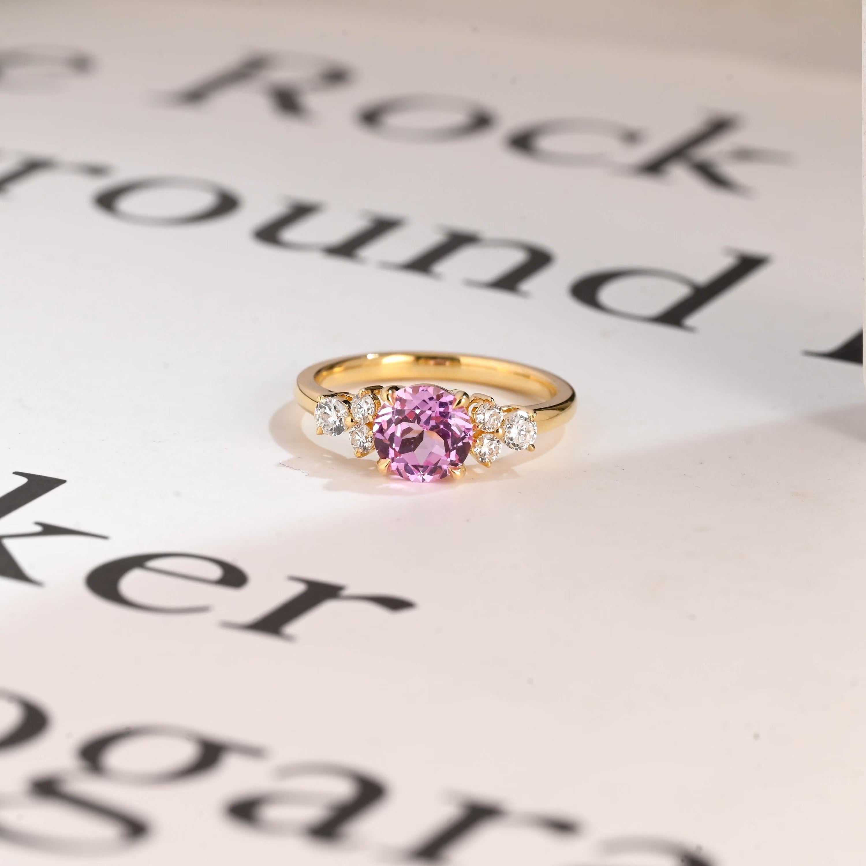 Solid Gold Cluster Round Cut Pink Moissanite Sapphire Engagement Ring Main image