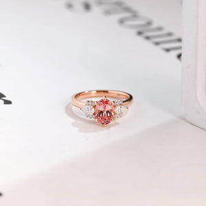 Solid Gold Oval Cut Pink Moissanite Sapphire Engagement Ring, Three Stone Ring
