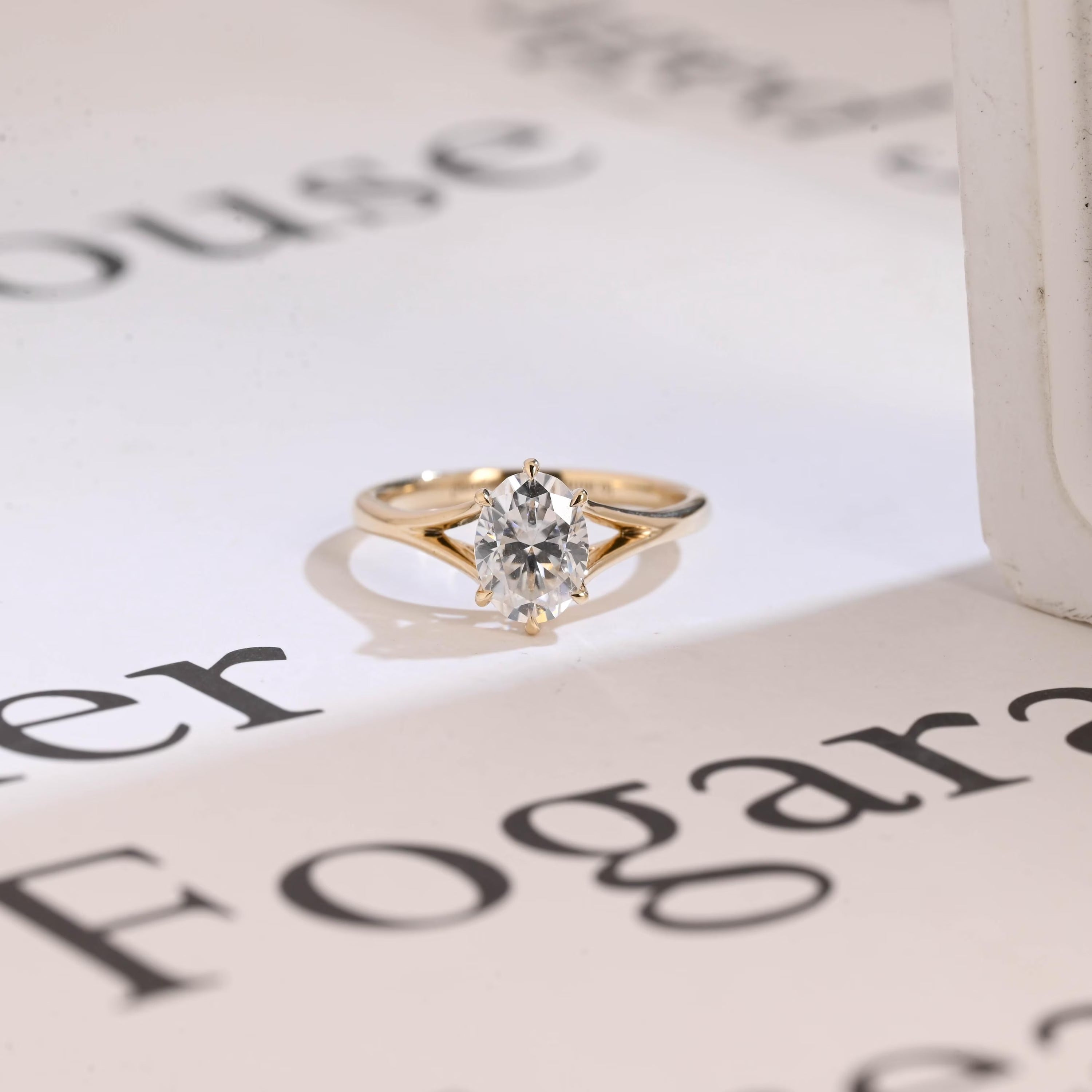Solid Gold Six Prongs Oval Moissanite Engagement Ring with Bar, Promise Ring Main image