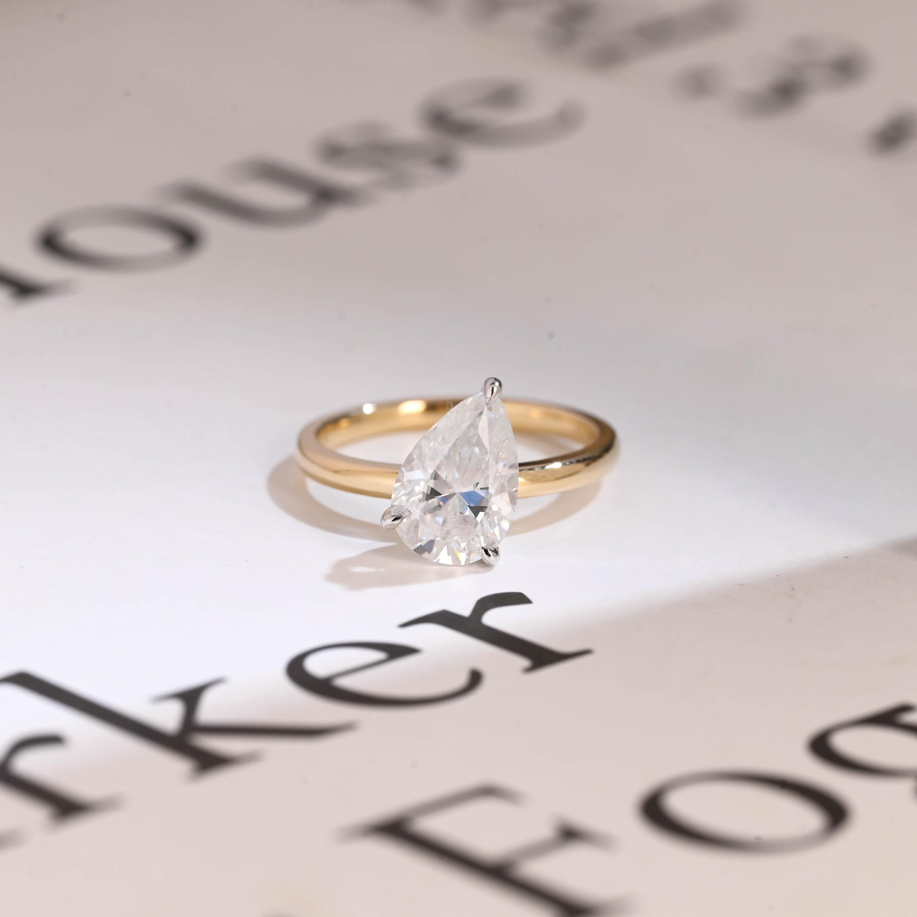 Solid Gold Two Tone Pear Cut Moissanite Engagement Ring, Unique Anniversary Ring Main image