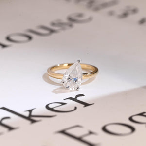 Solid Gold Two Tone Pear Cut Moissanite Engagement Ring, Unique Anniversary Ring