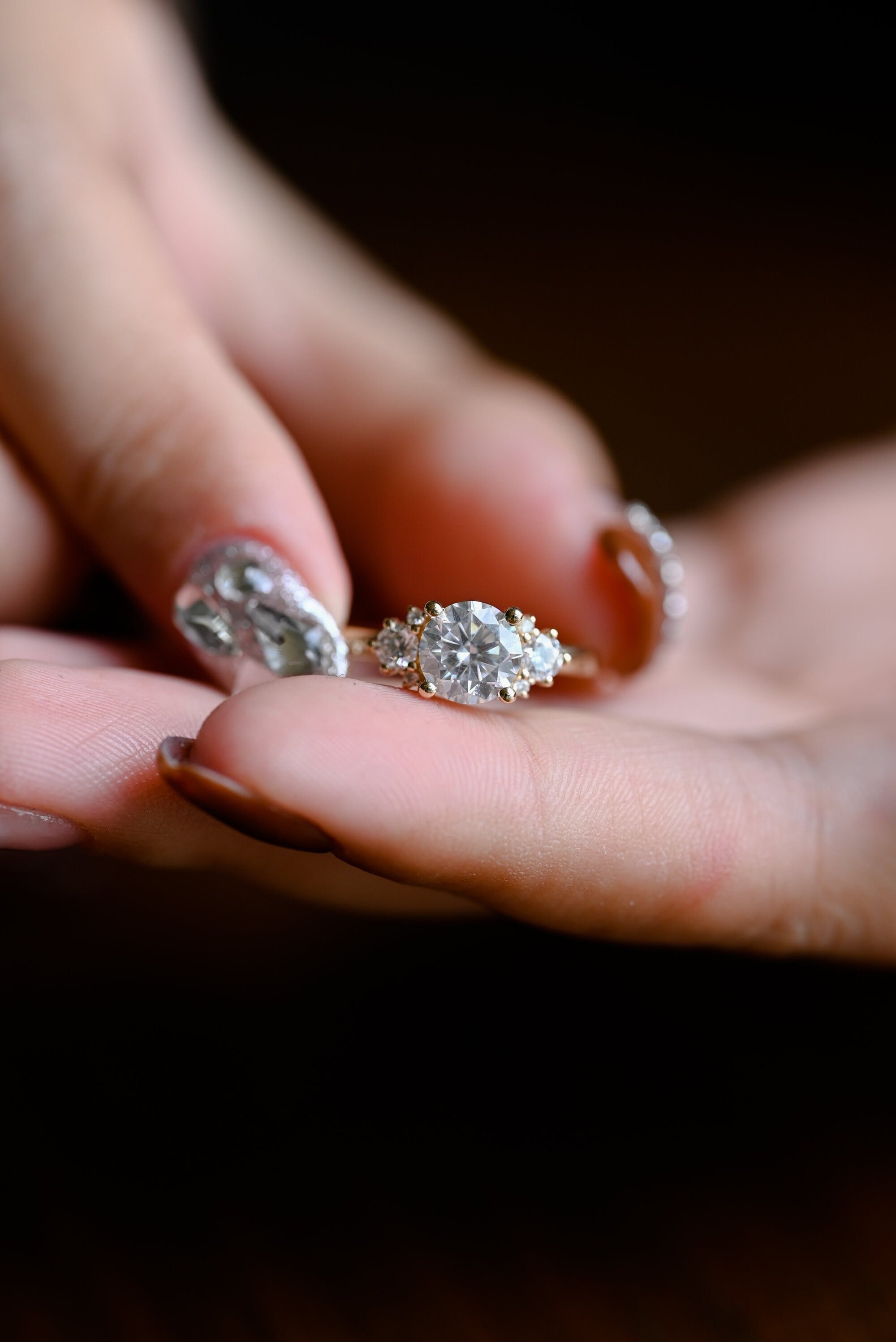 Solid Gold Three Stone Ring, Round Cut Moissanite Engagement Ring