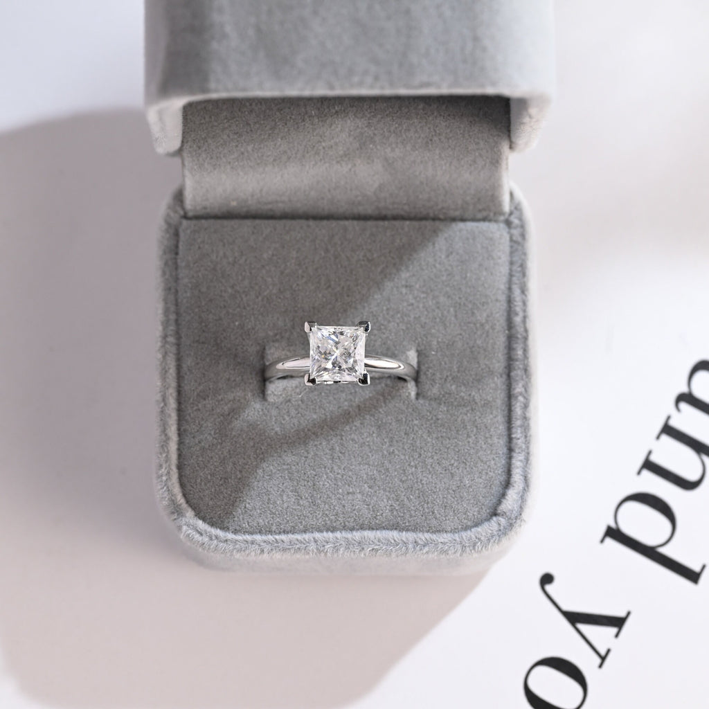 Solid Gold Princess Cut Moissanite Engagement Ring, Art Deco Ring