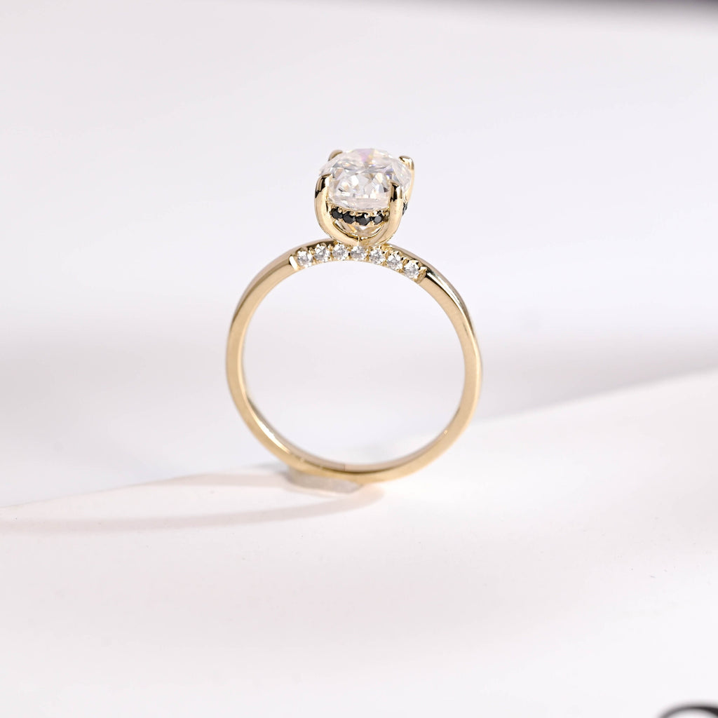 Solid Gold Oval Cut Moissanite Engagement Ring with Black Moissanite Hidden Halo