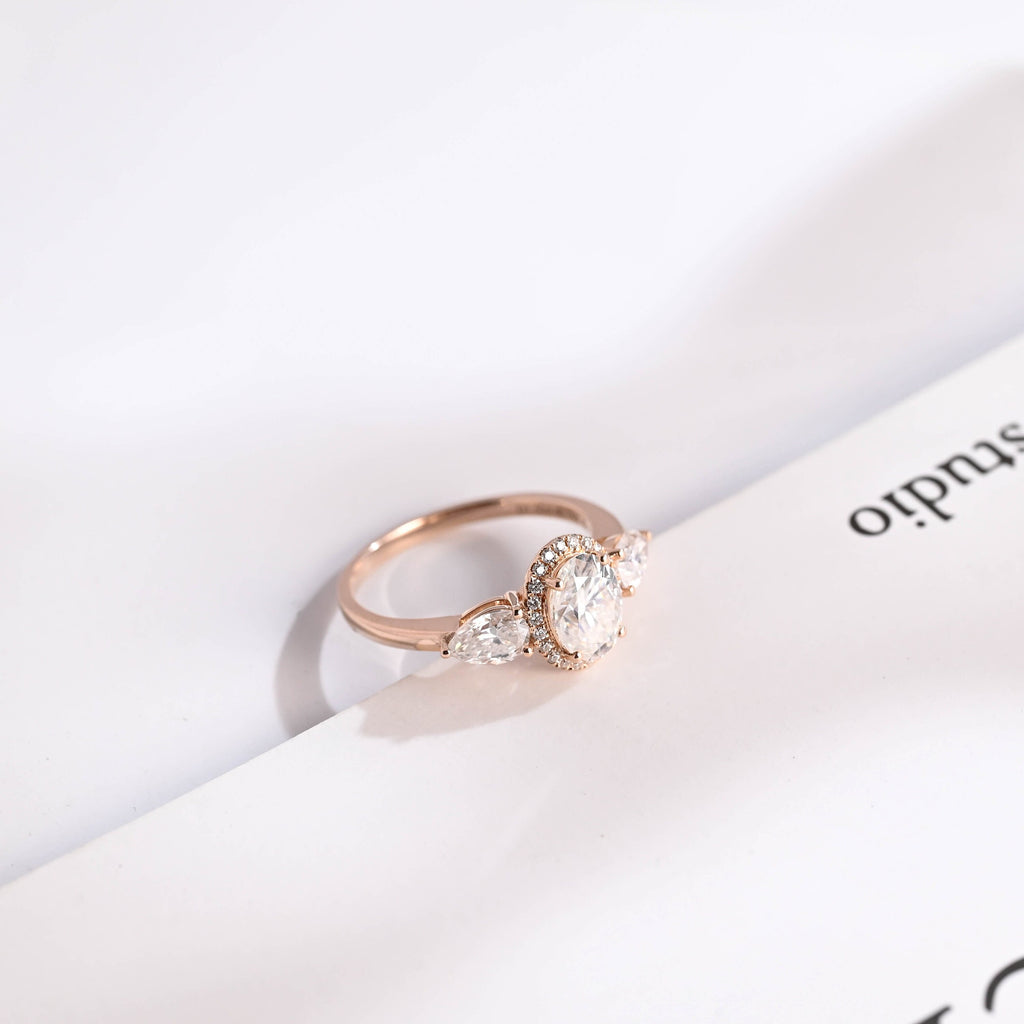 Solid Gold Three Stone Oval Cut Moissanite Engagement Ring