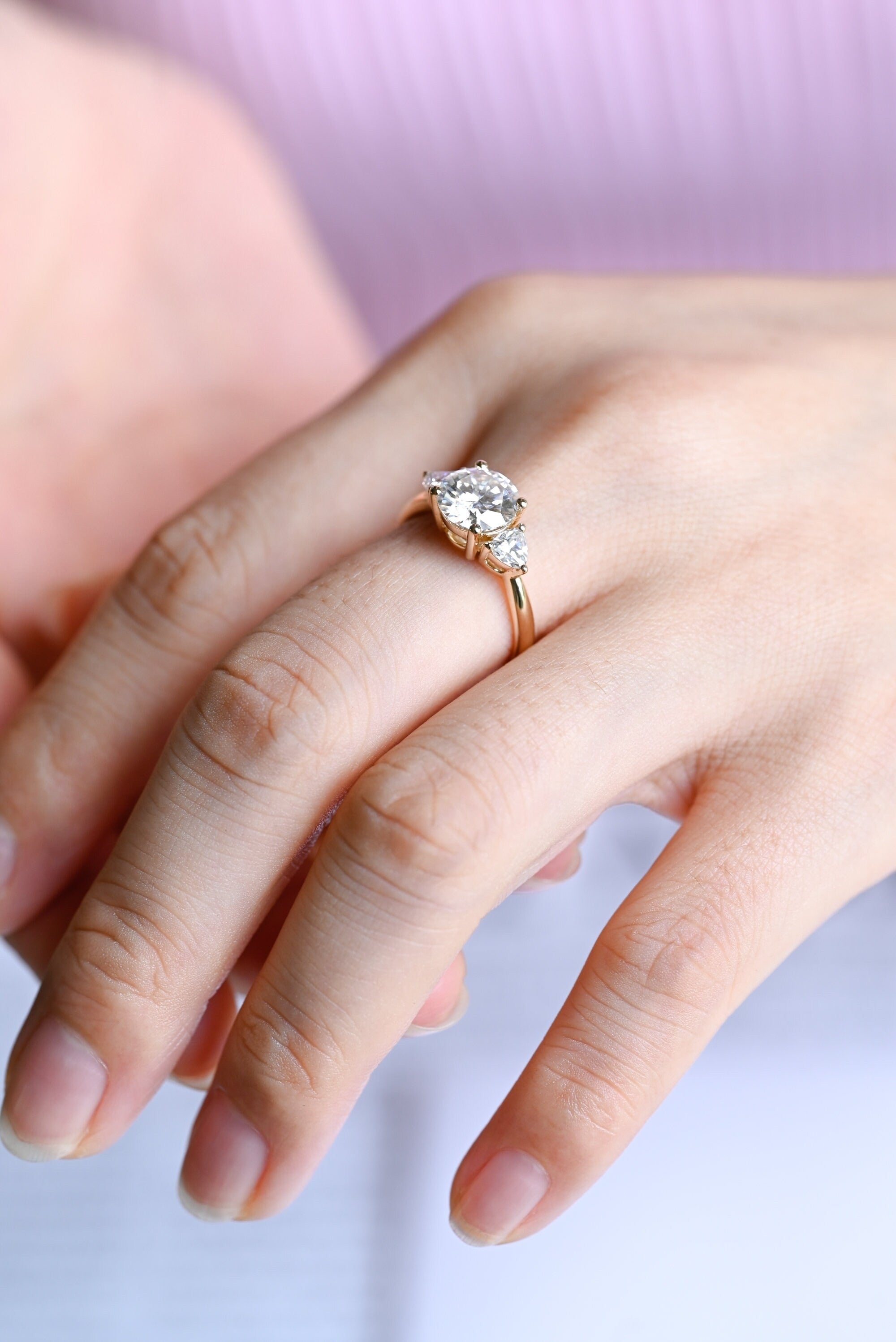 Solid Gold Three Stone Round Cut Moissanite Engagement Ring with Trillion Accent