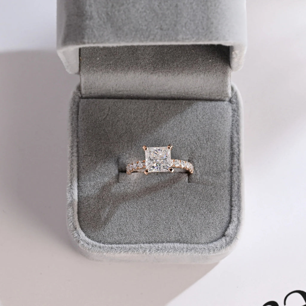 Solid Gold Princess Cut Moissanite Engagement Ring, Anniversary Gift for Her