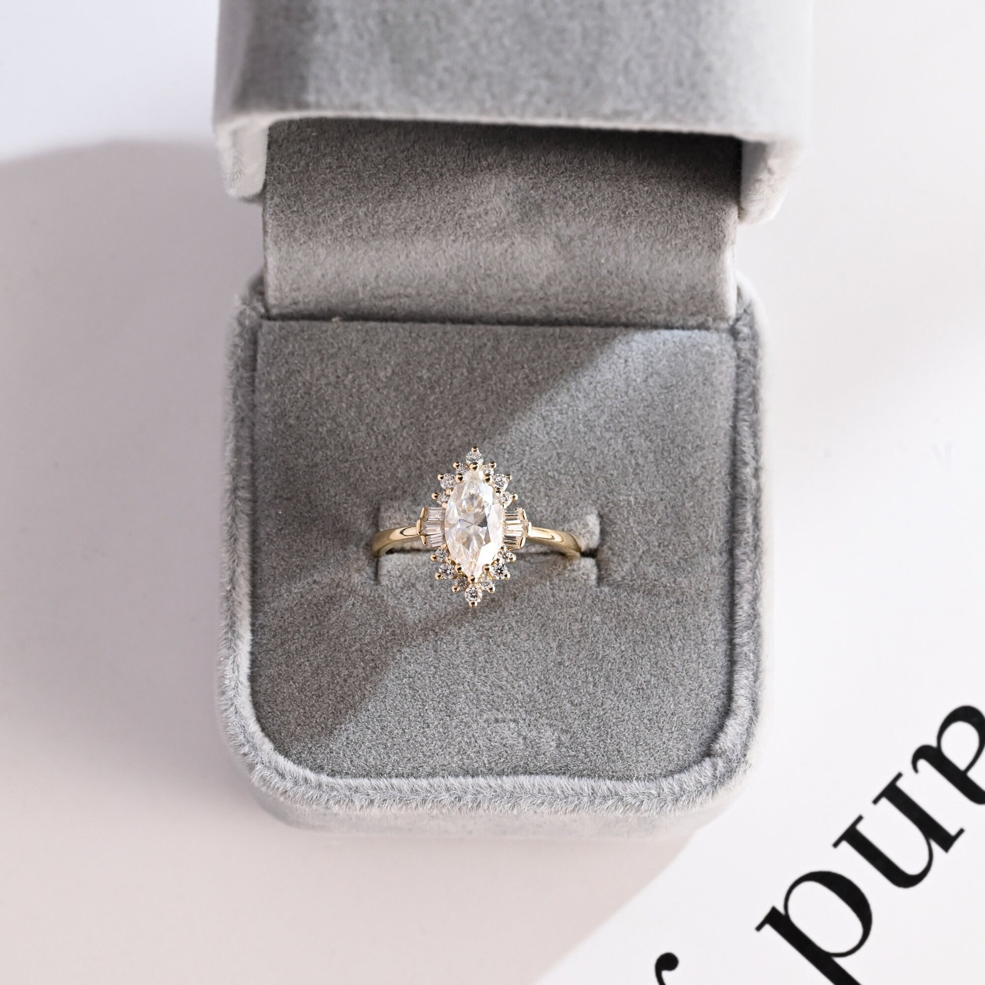 Solid Gold Marquise Cut Halo Moissanite Engagement Ring, Bridal Ring for Women