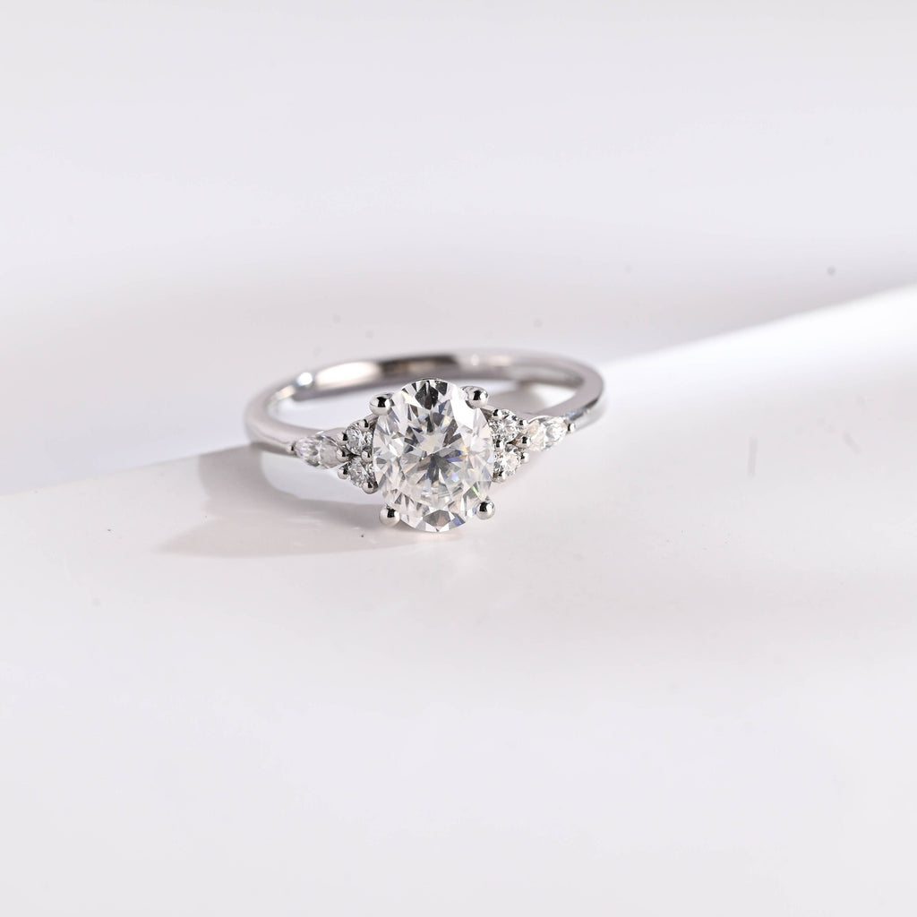 Solid Gold Oval Cut Cluster Moissanite Engagement Ring, Promise Ring