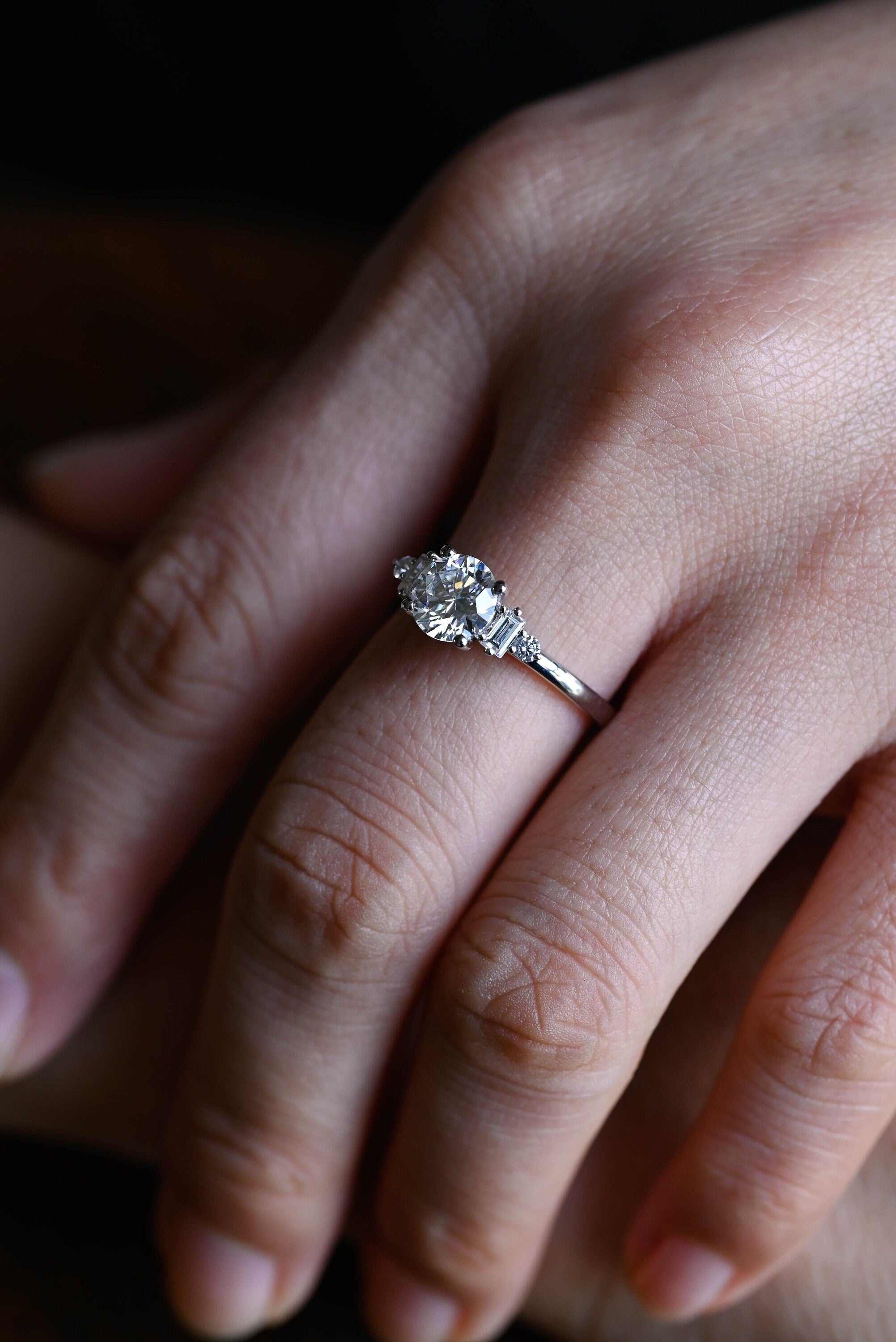 Three Stone Round Moissanite Engagement Ring, Solid Gold Dainty Anniversary Ring