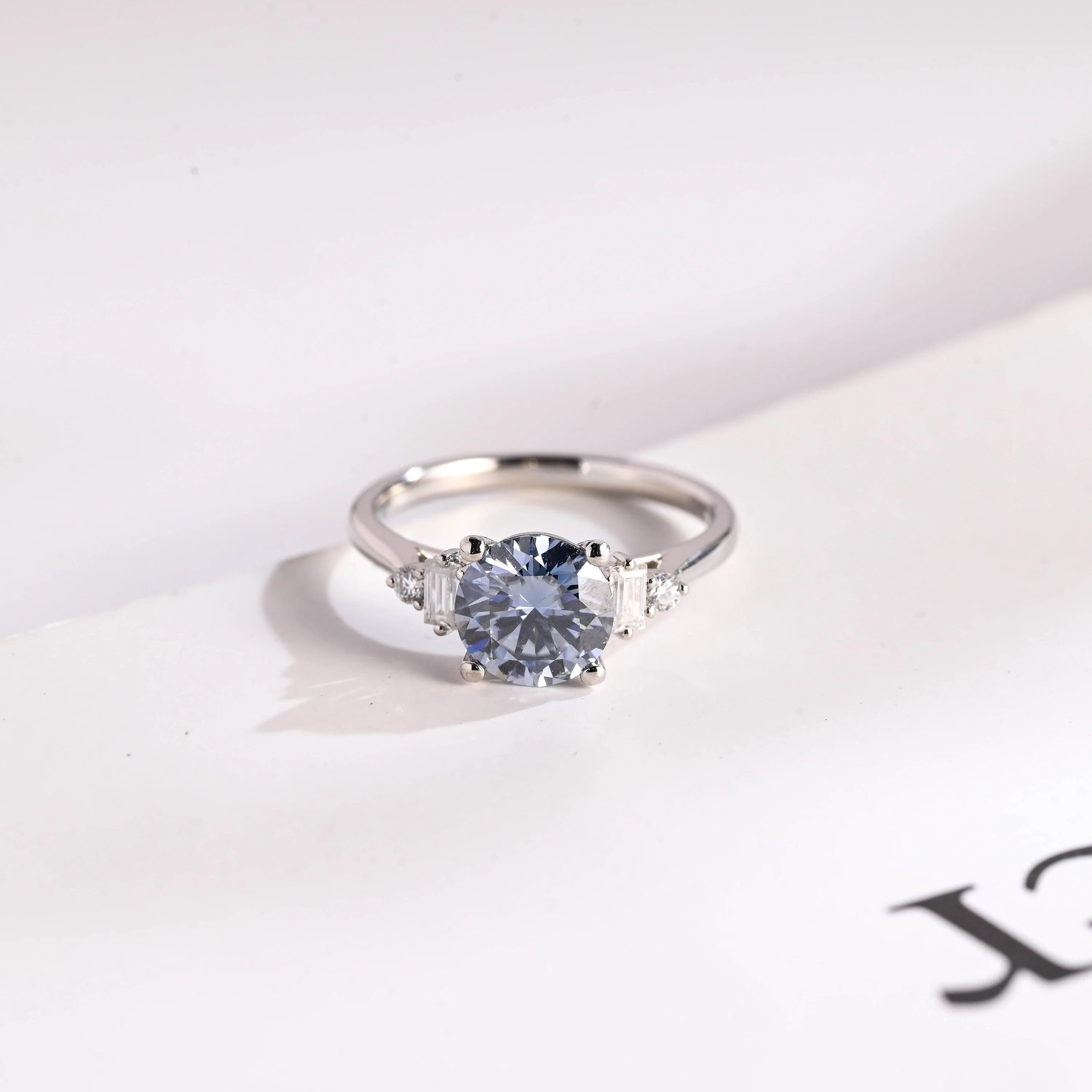 Solid Gold Light Blue Round Cut Moissanite Engagement Ring, Anniversary Gift for Her Main image