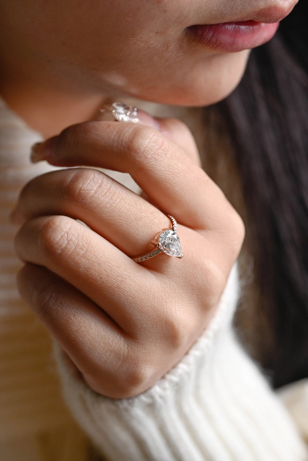 Solid Gold Pear Cut Moissanite Engagement Ring, Half Pave Proposal Ring