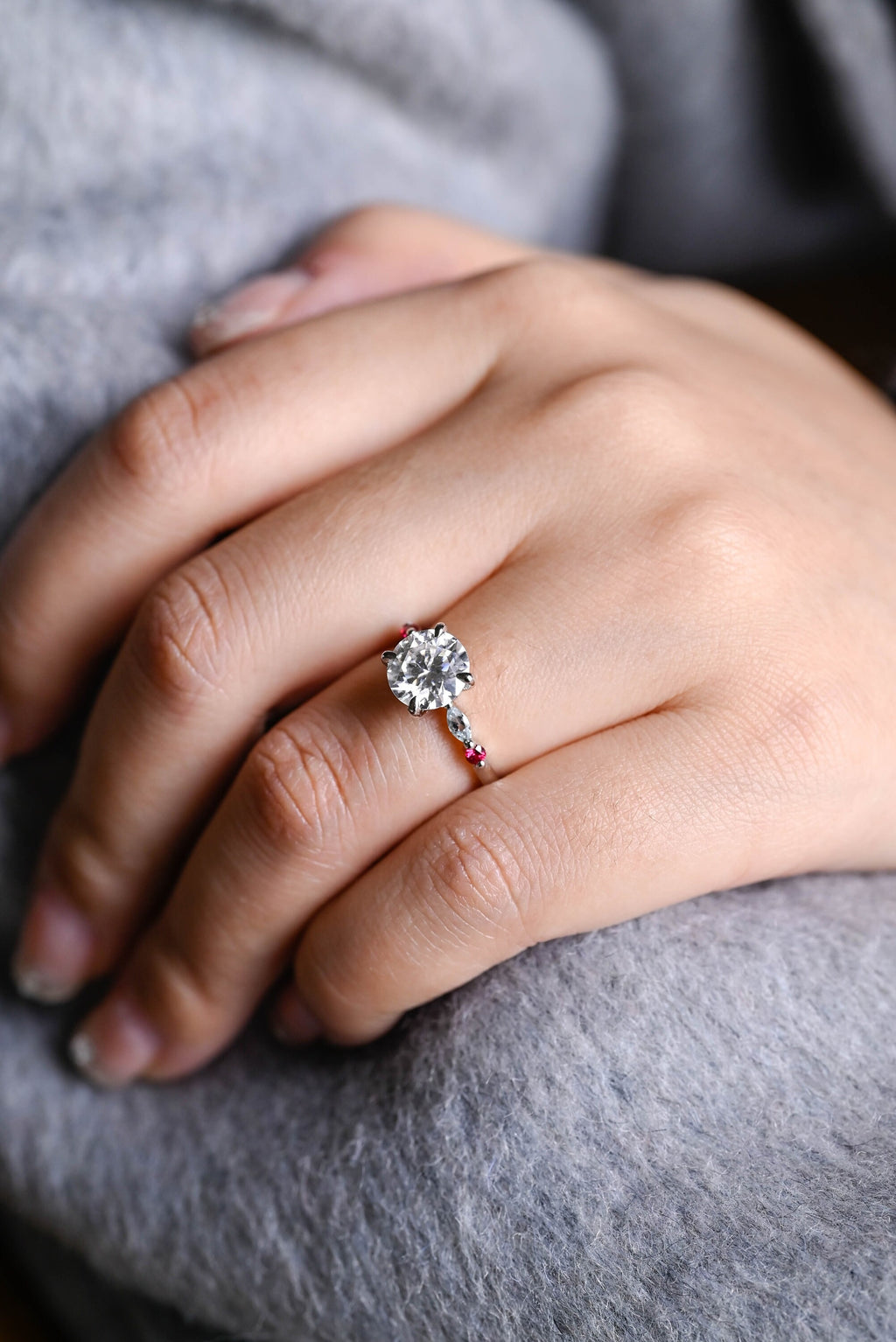 Solid Gold Round Moissanite Engagement Ring, Aquamarine & Ruby Side Stone Ring