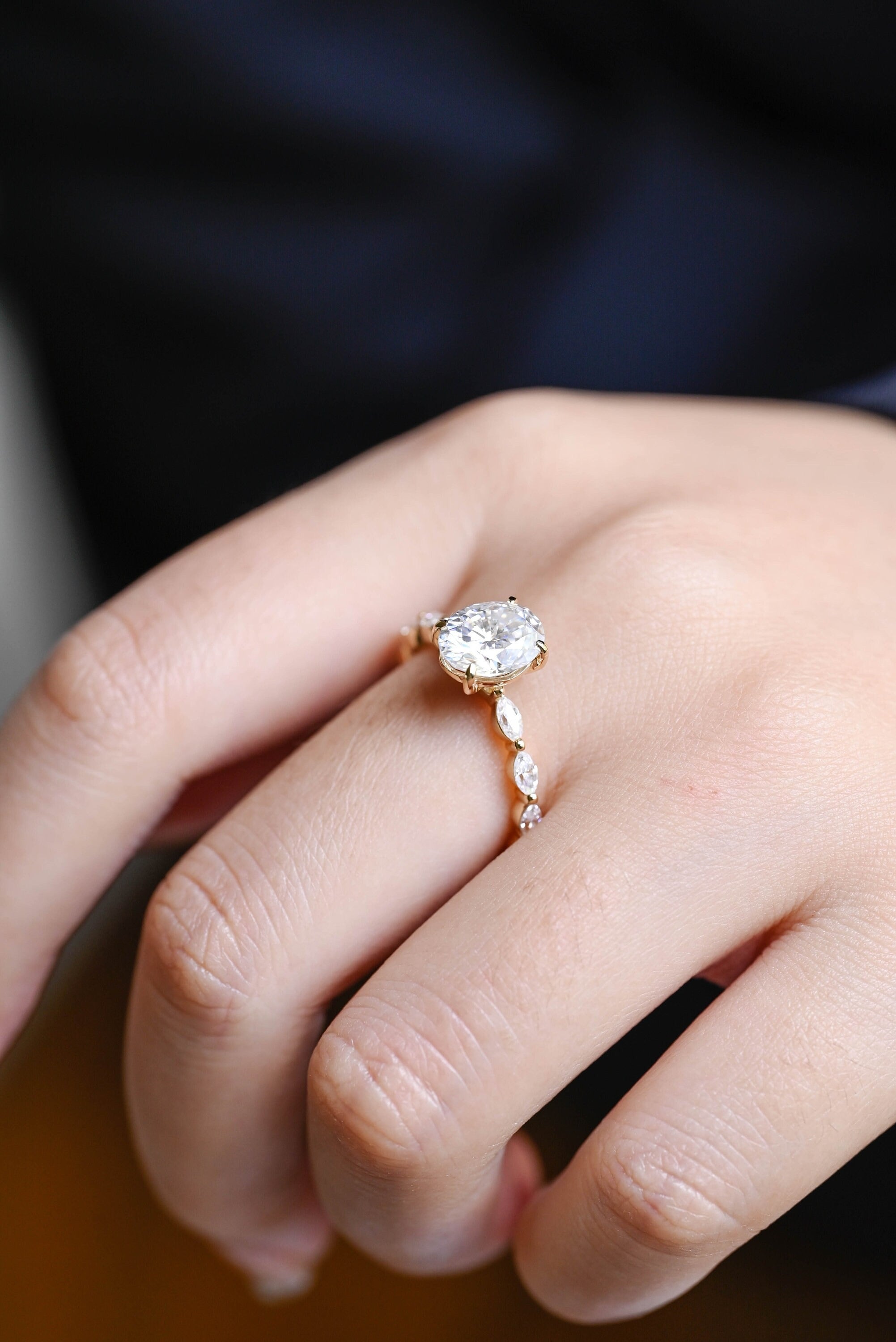 Solid Gold Oval Moissanite Engagement Ring with Marquise Moissanite Accent