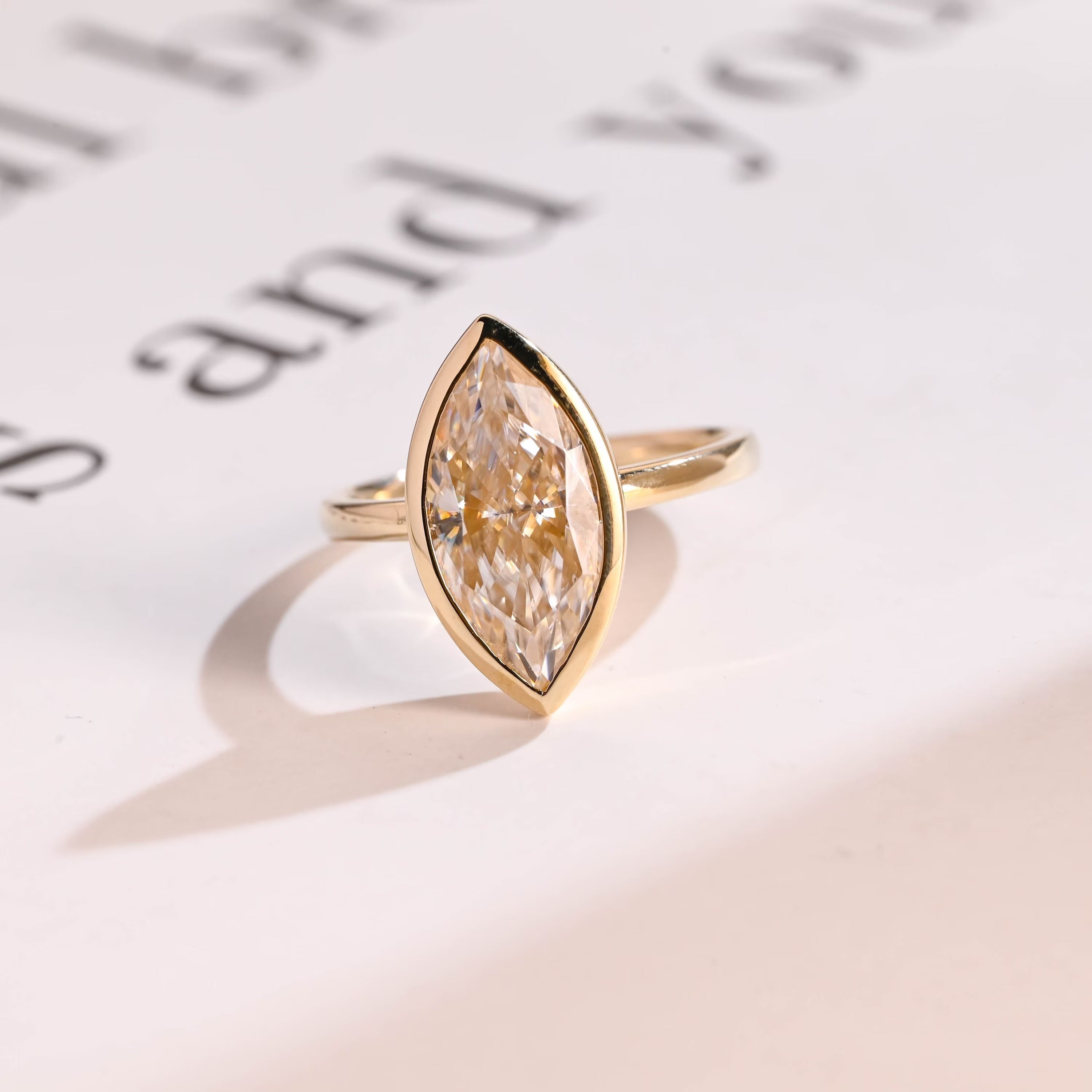 Solid Gold Marquise Moissanite Engagement Ring, Vintage Bezel Ring Main image