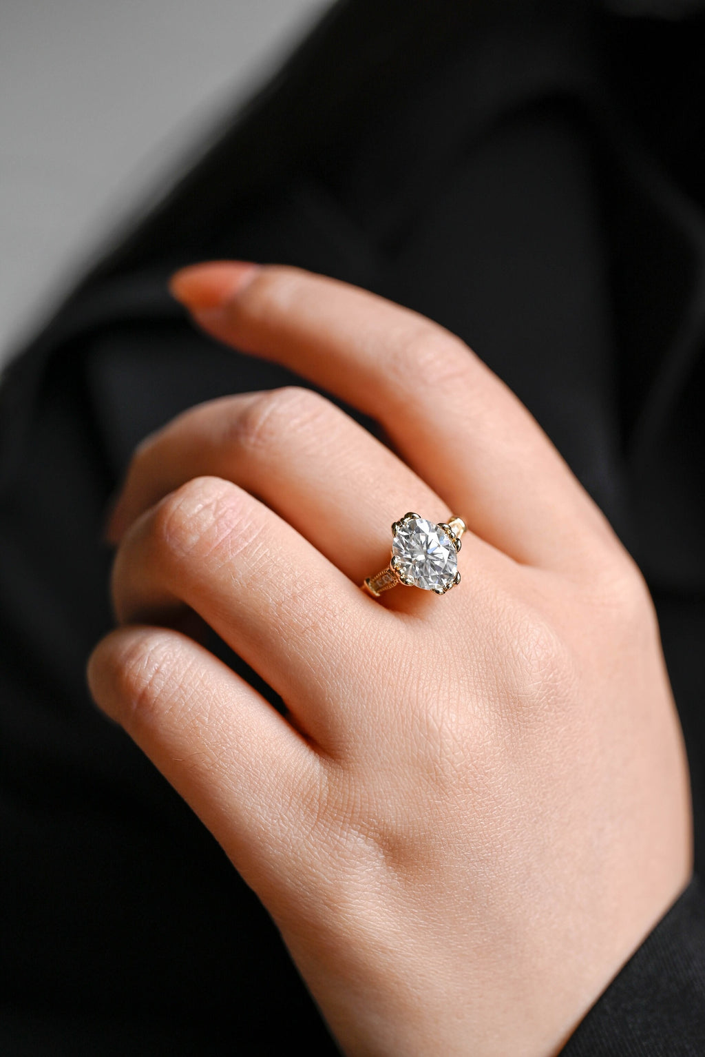 Solid Gold Oval Moissanite Engagement Ring, Filigree Wedding Ring