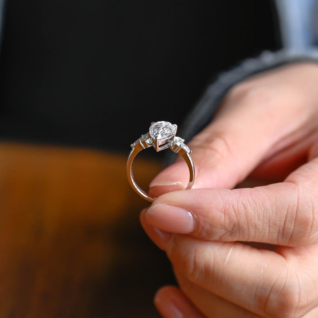 Solid Gold Pear Moissanite Engagement Ring, Proposal Ring for Her