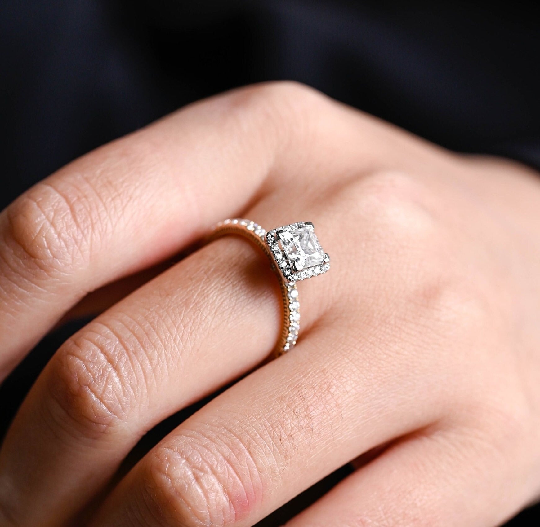 Solid Gold Two Tone Princess Moissanite Engagement Ring, Halo Bridal Ring