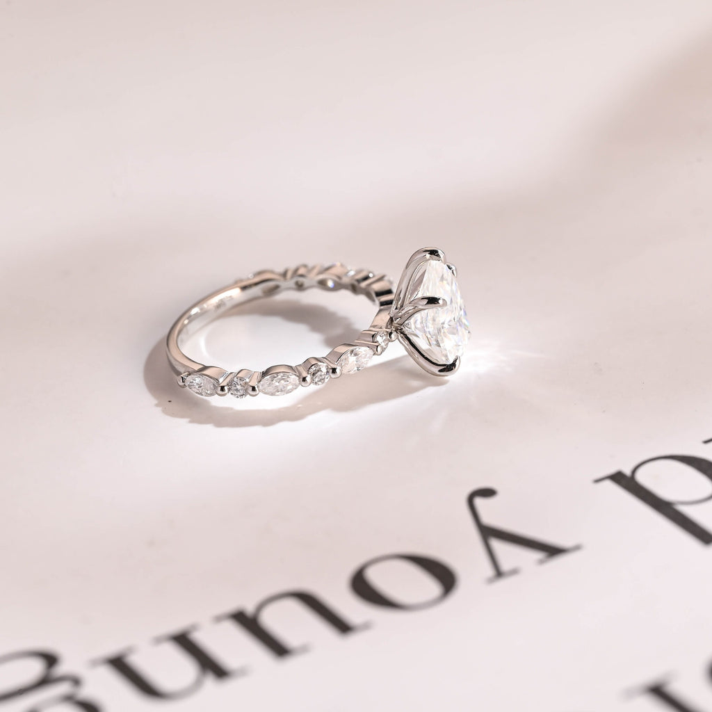 Solid Gold Pear Cut Moissanite Engagement Ring, Half Pave Proposal Ring