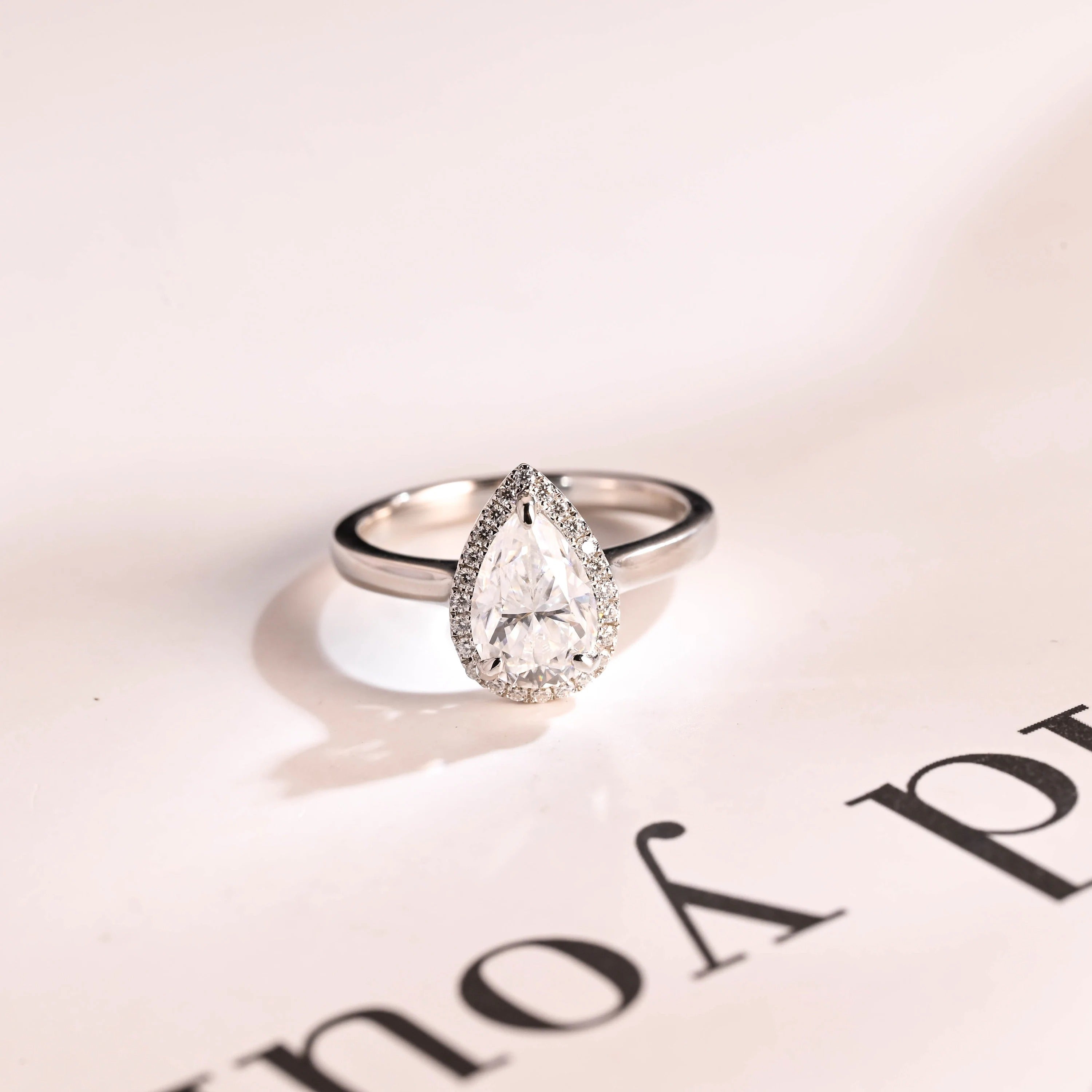 Solid Gold Pear Moissanite Engagement Ring, Flower Halo Promise Ring for Her Main image
