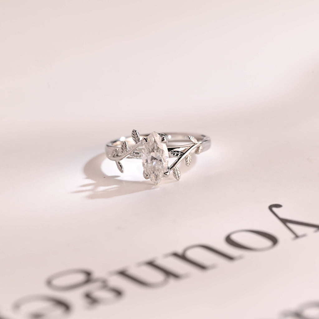 Solid Gold Leaf Ring, Marquise Moissanite Engagement Ring, Proposal Ring
