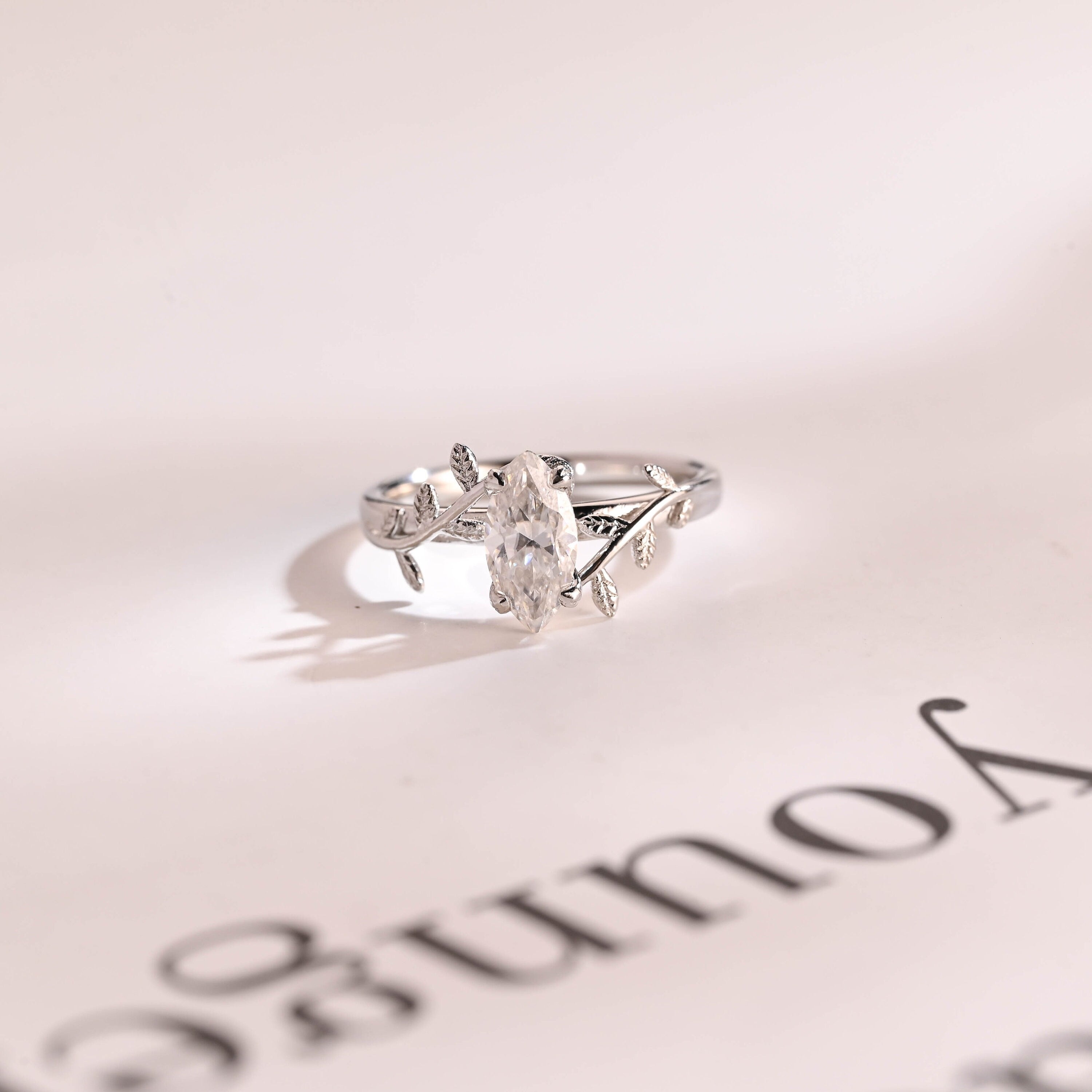Solid Gold Leaf Ring, Marquise Moissanite Engagement Ring, Proposal Ring
