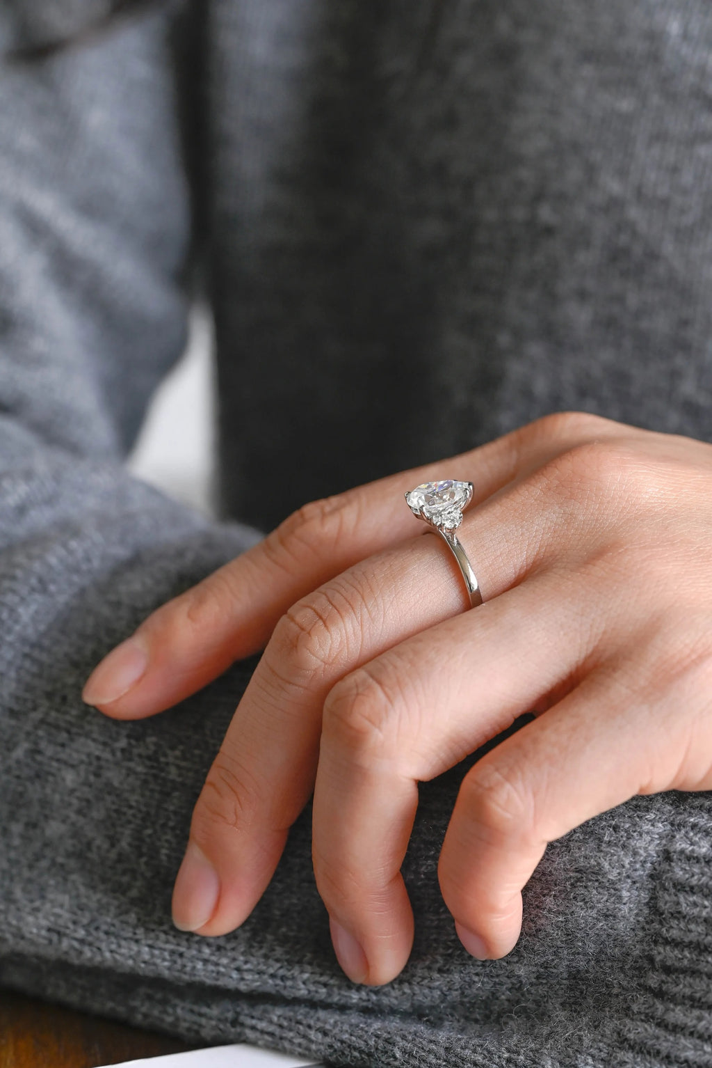 Solid Gold Pear Moissanite Engagement Ring with Accent Stone, Tear Drop Ring