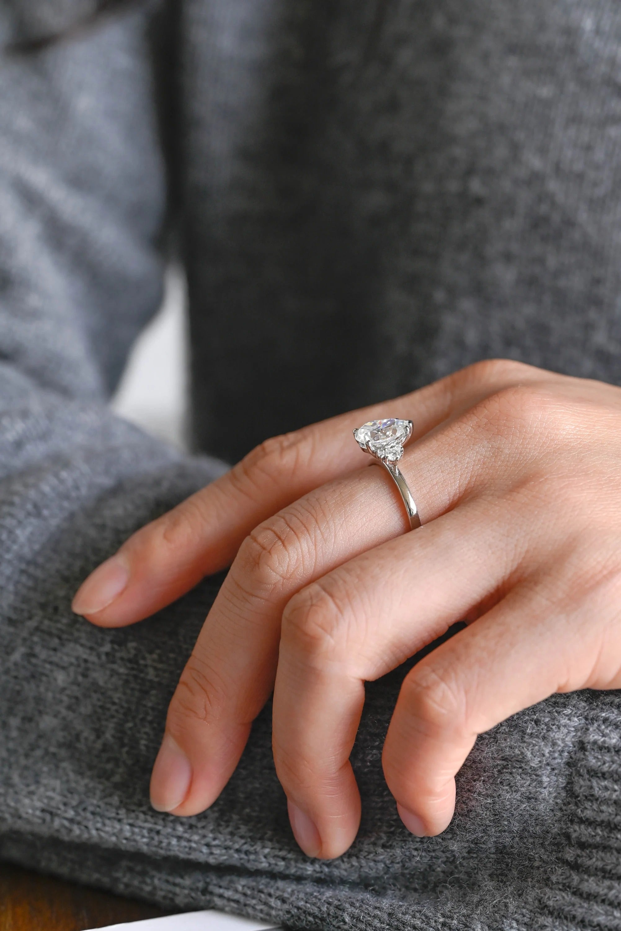 Solid Gold Pear Moissanite Engagement Ring with Accent Stone, Tear Drop Ring