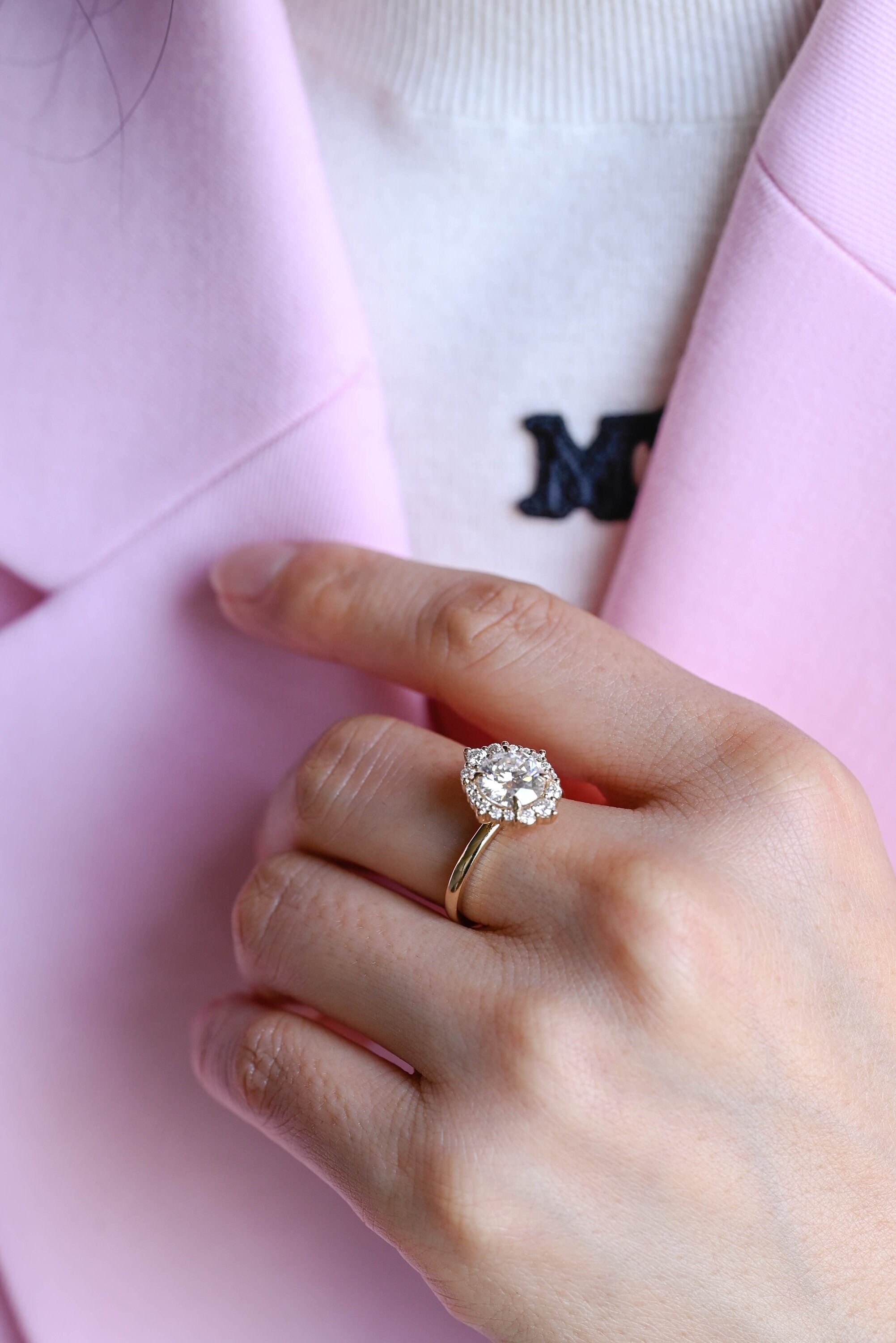 Solid Gold Sunflower Round Moissanite Engagement Ring, Dainty Promise Ring