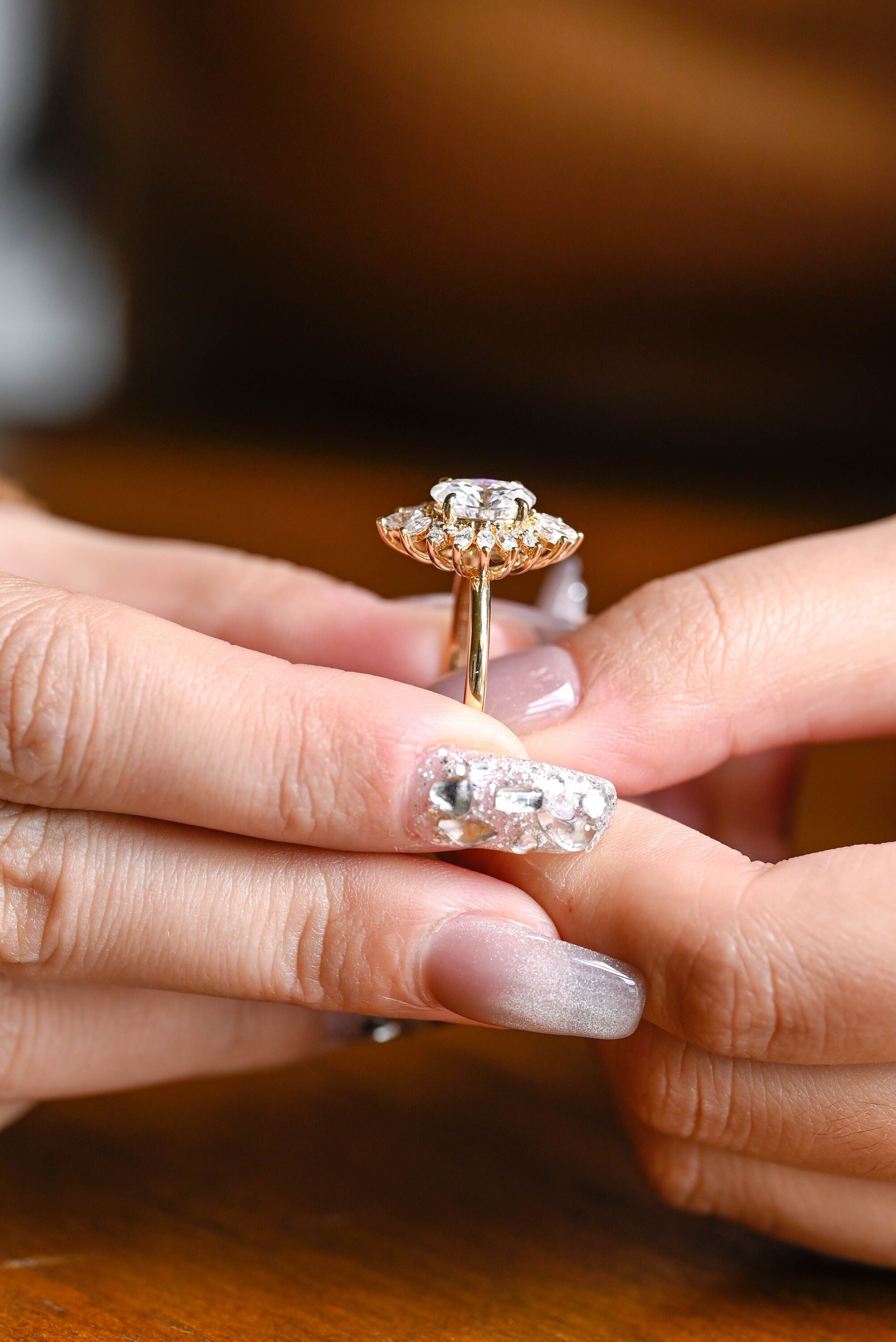 Solid Gold Oval Moissanite Engagement Ring, Floral Halo Proposal Ring
