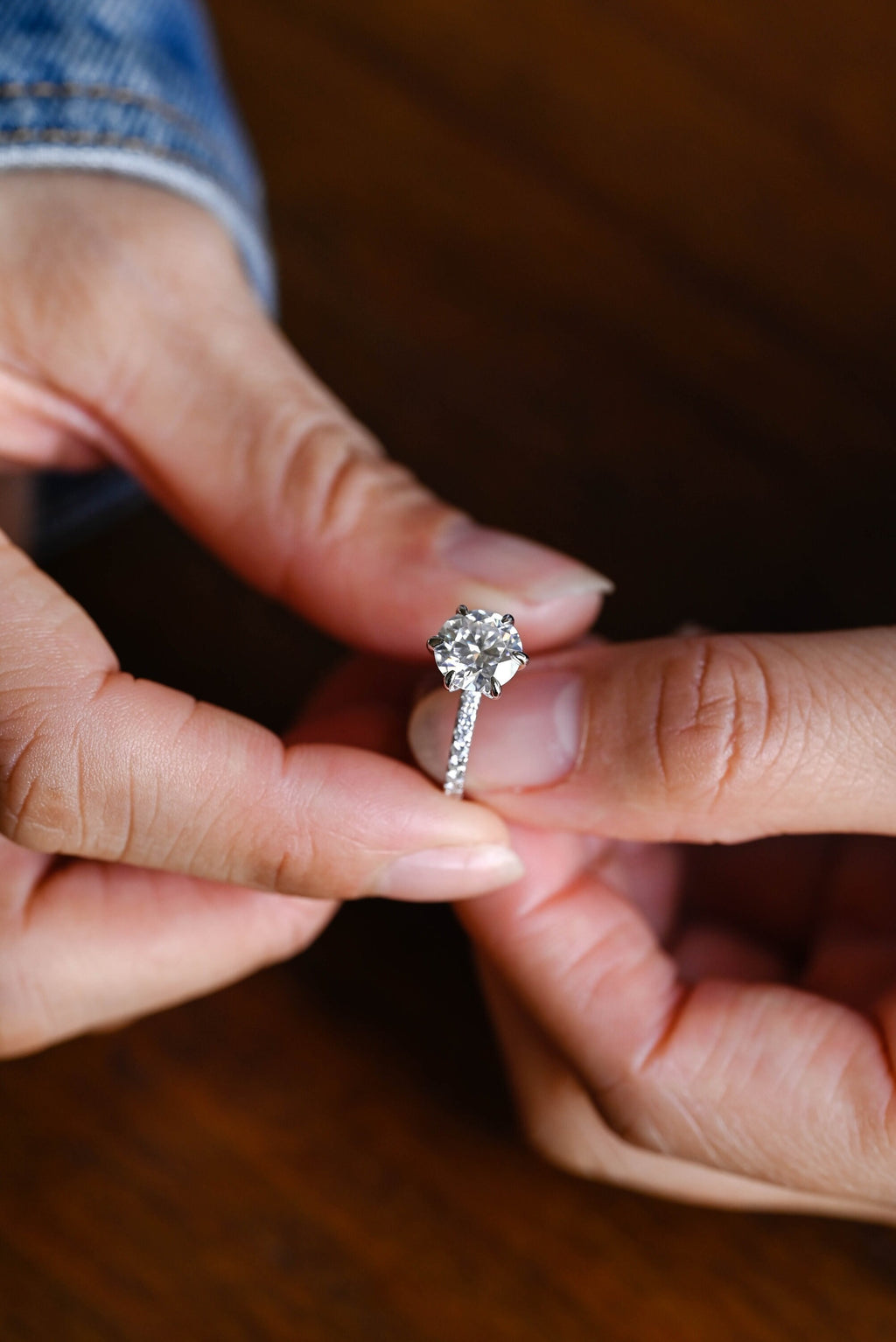 Solid Gold Half Eternity Round Moissanite Engagement Ring, Anniversary Gift for Wife