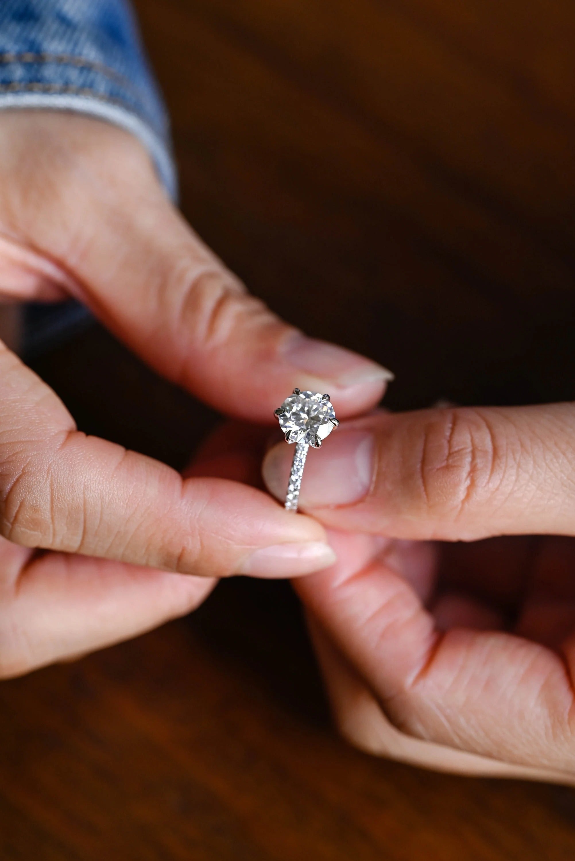Solid Gold Half Eternity Round Moissanite Engagement Ring, Anniversary Gift for Wife