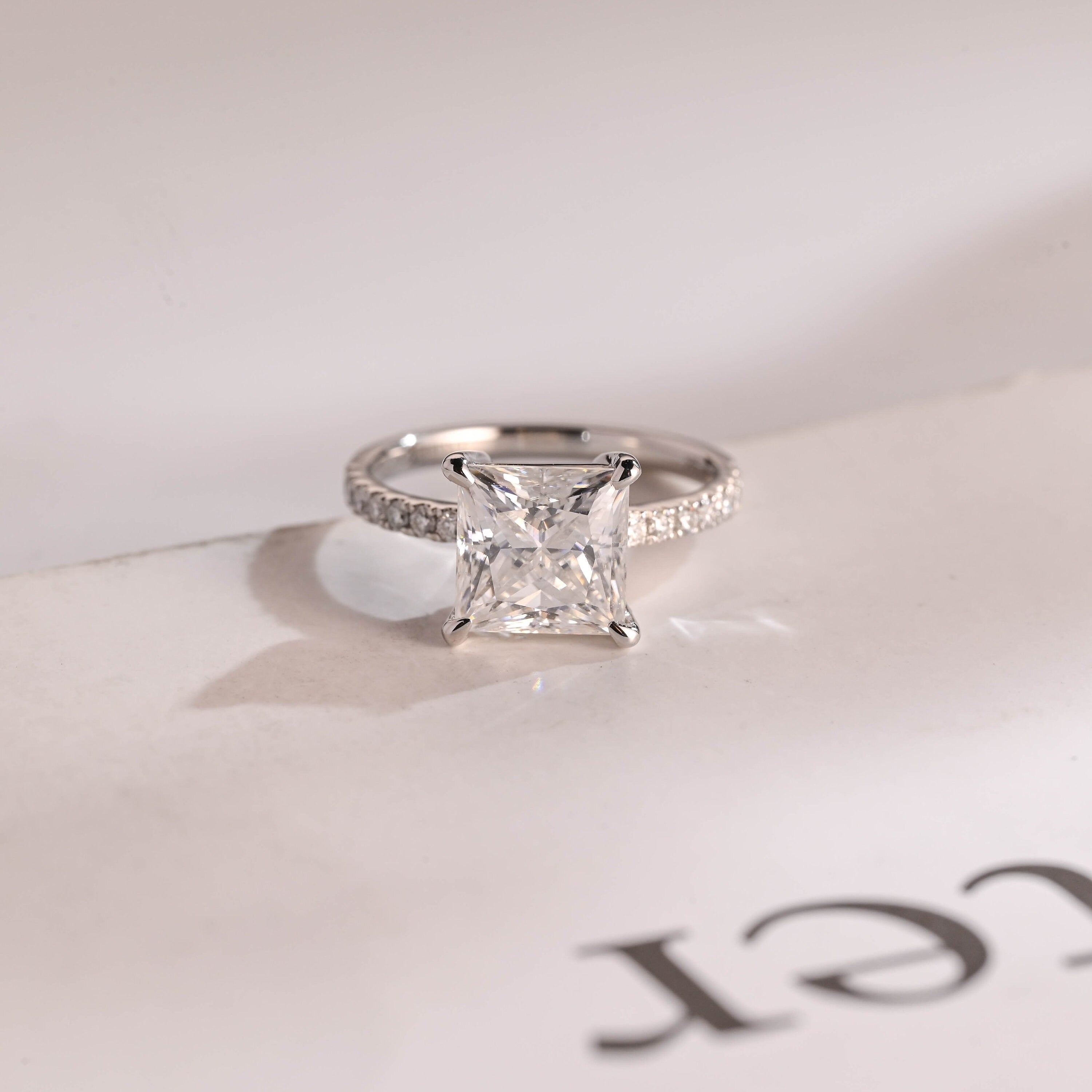 Solid Gold Half Eternity Princess Cut Moissanite Engagement Ring, Promise Ring Main image