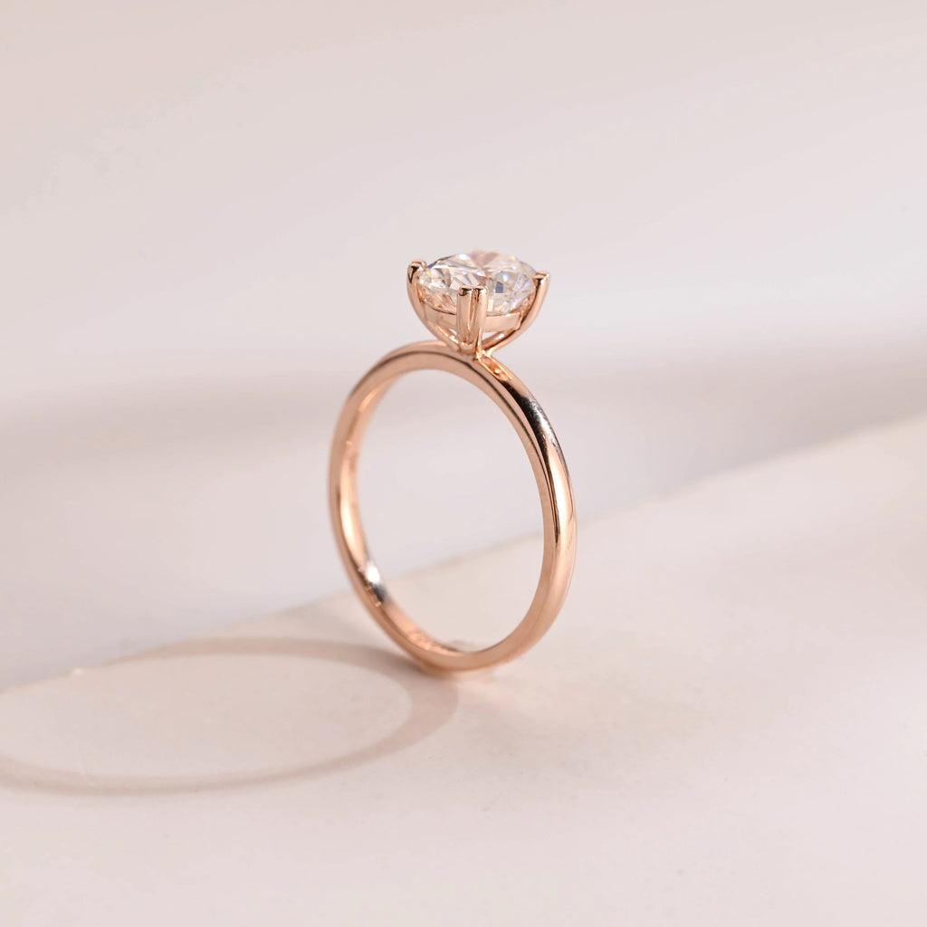 Solid Gold Double Prongs Oval Moissanite Engagement Ring, Promise Ring