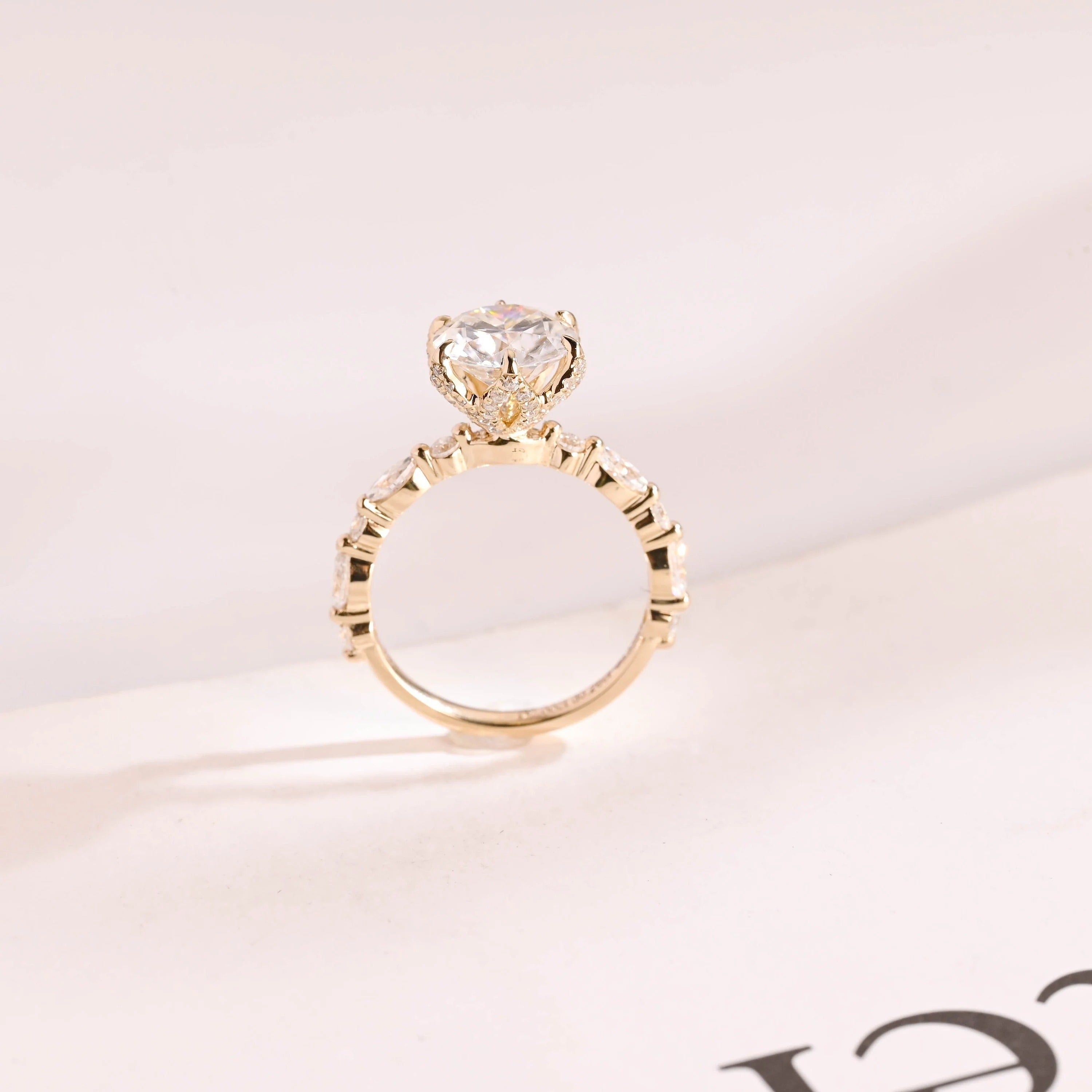 Solid Gold Floral Pave Round Moissanite Engagement Ring, Anniversary Gift for Her