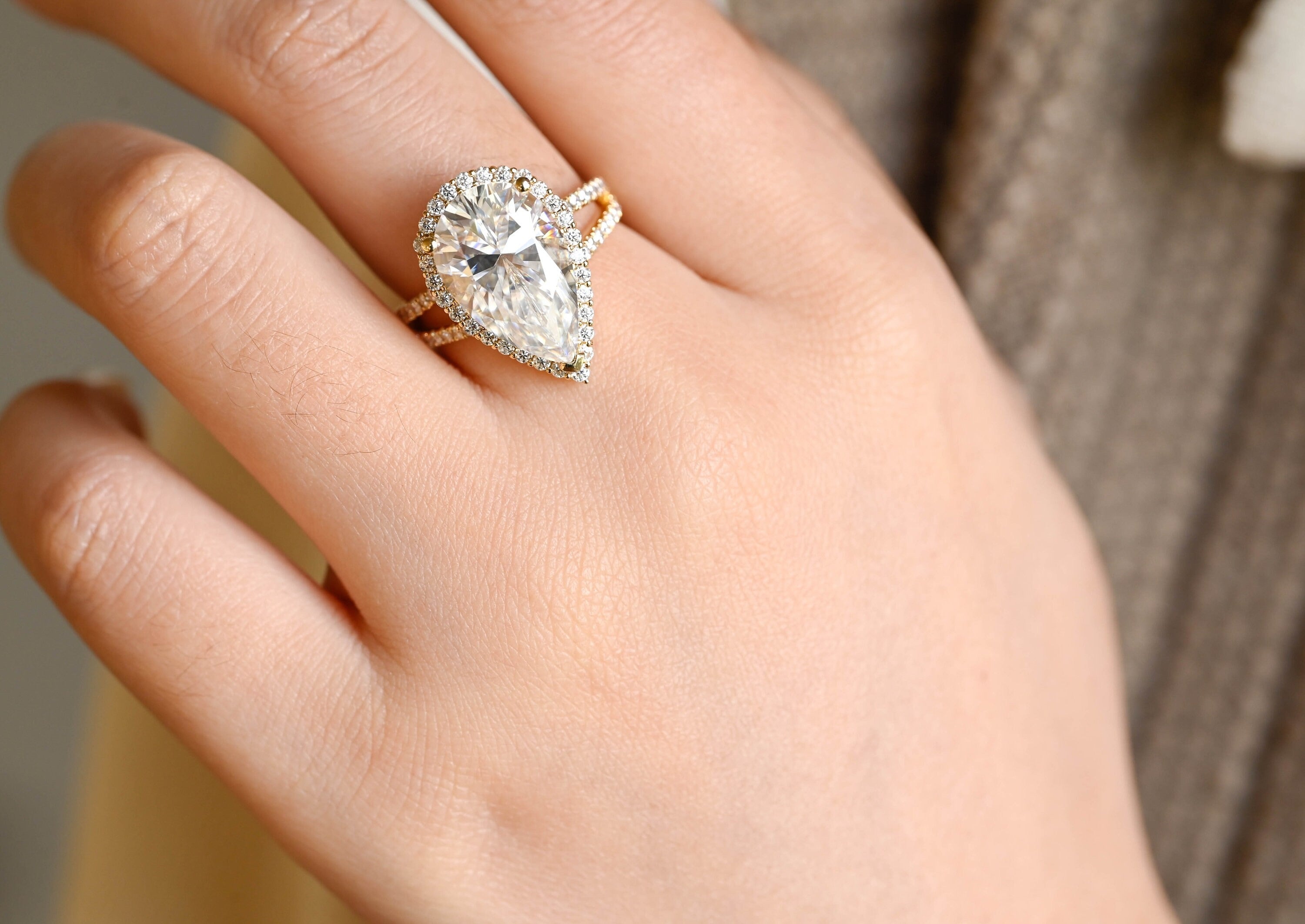 Solid Gold Pear Moissanite Engagement Ring, Double Band Split Shank Halo & Half Eternity Proposal Ring