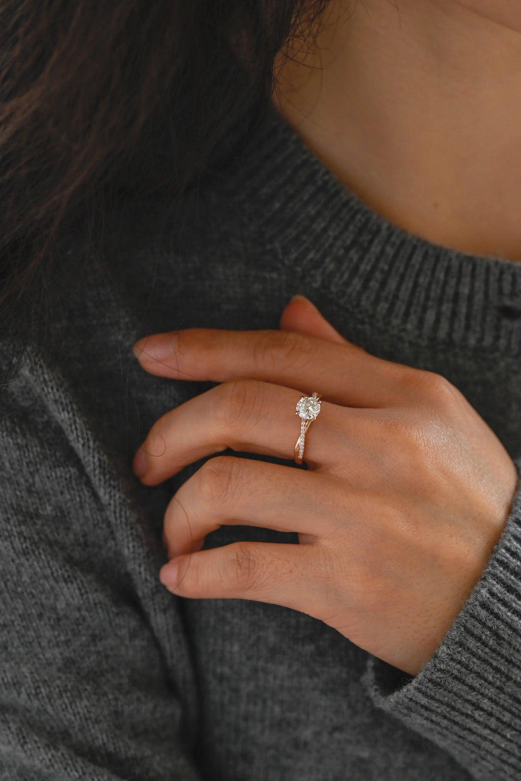 Solid Gold Round Moissanite Engagement Ring, Twisted Band Half Pave Anniversary Ring
