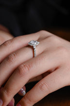 Solid Gold Halo Crushed Ice Oval Moissanite Engagement Ring, Half Eternity Proposal Ring